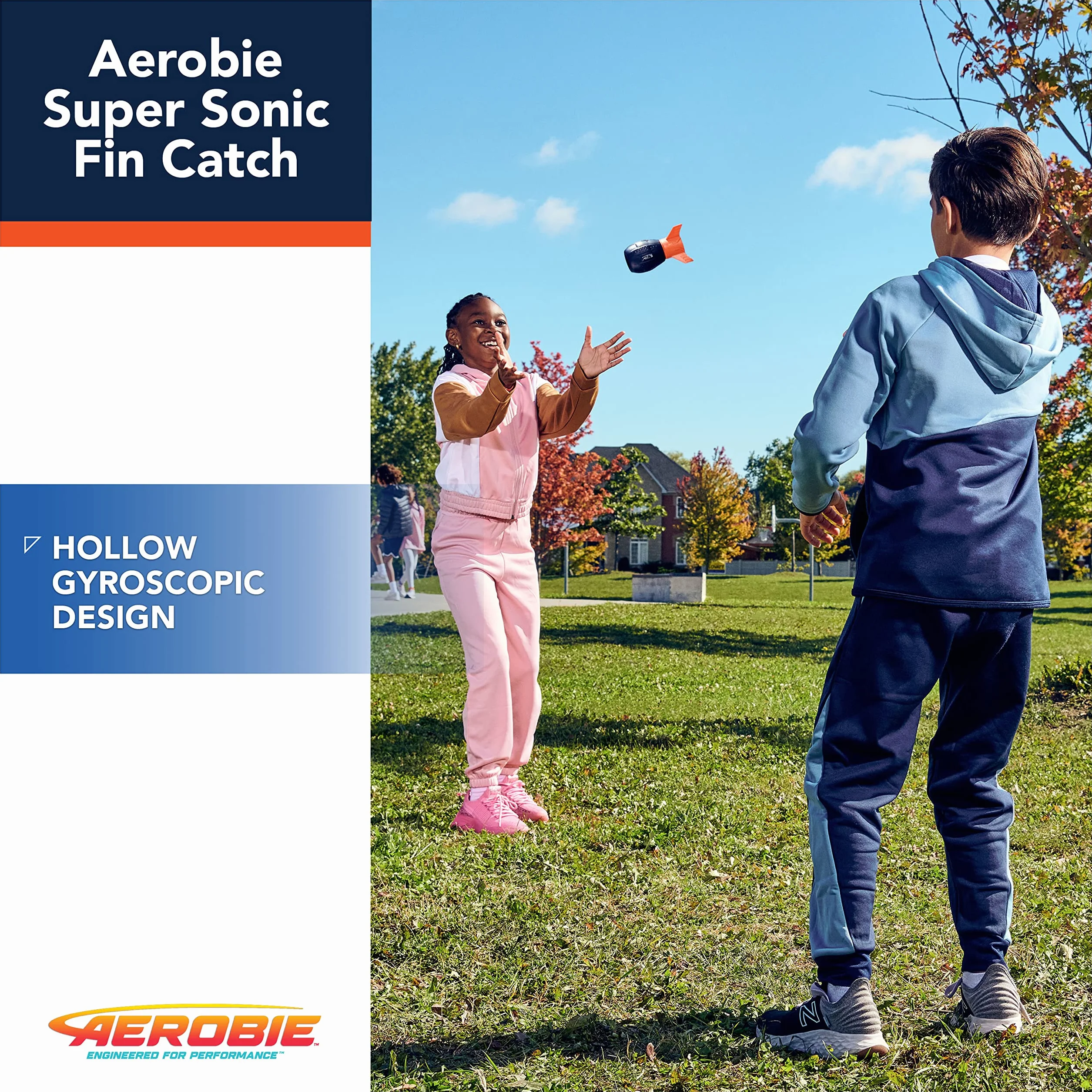 Aerobie Super Sonic Fin Catch Football, zabawka outdoorowa z miękkiego materiału, dla dzieci i dorosłych od 8 lat, niebieska/pomarańczowa