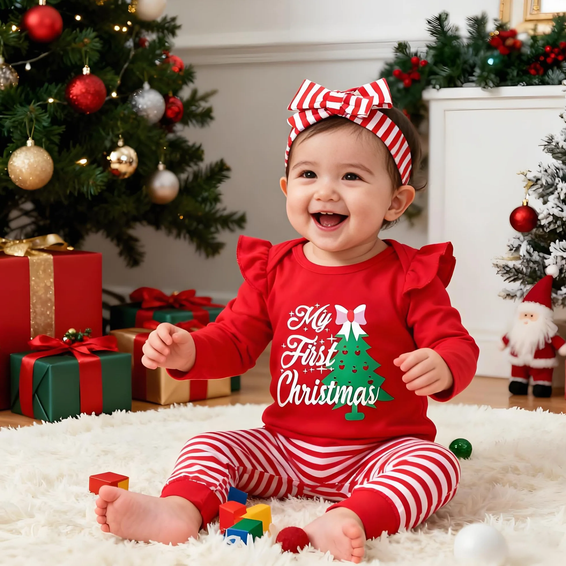 Strój bożonarodzeniowy dla dziewczynki, strój My First Christmas dla noworodków, na Boże Narodzenie, zestaw strojów bożonarodzeniowych, śpioszki, spodnie, kapelusz, opaska na czoło, 0-18
