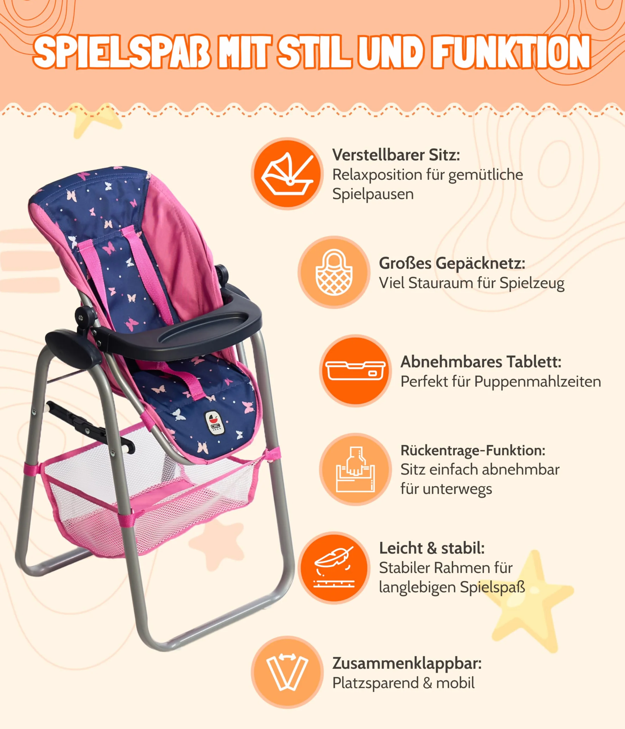 Bayer Chic 2000 - Wysokie krzesełko dla lalek, meble dla lalek, akcesoria dla lalek, motyle, granatowo-różowe, 655-33, małe