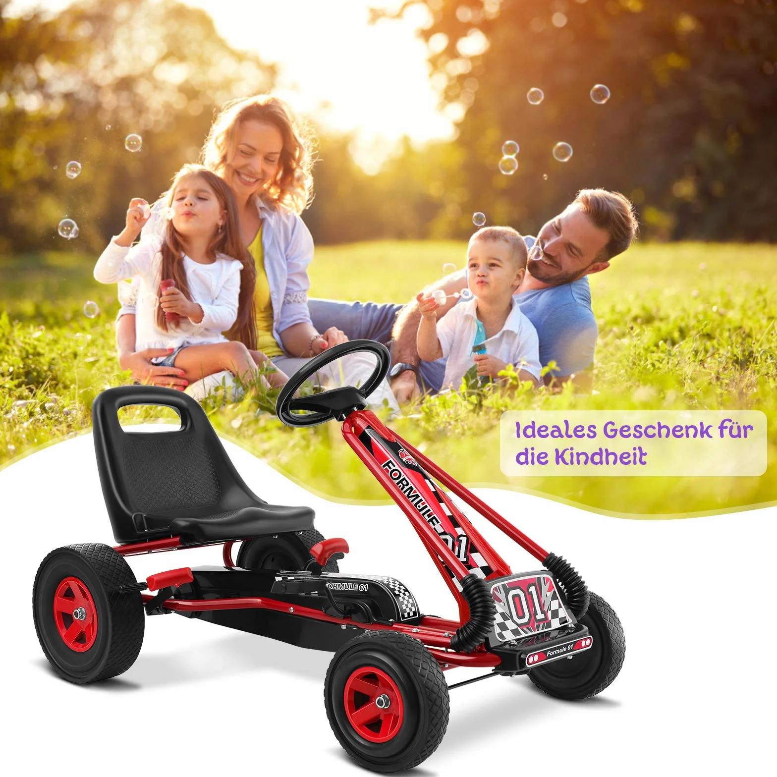 GOPLUS Gokart od 3 lat, gokart z regulowanym siedziskiem, bieg do przodu i do tyłu, samochód na pedały z gumowymi kółkami, elastyczne sprzęgło i hamulec ręczny, pojazd dla dzieci w wieku 3-8 lat