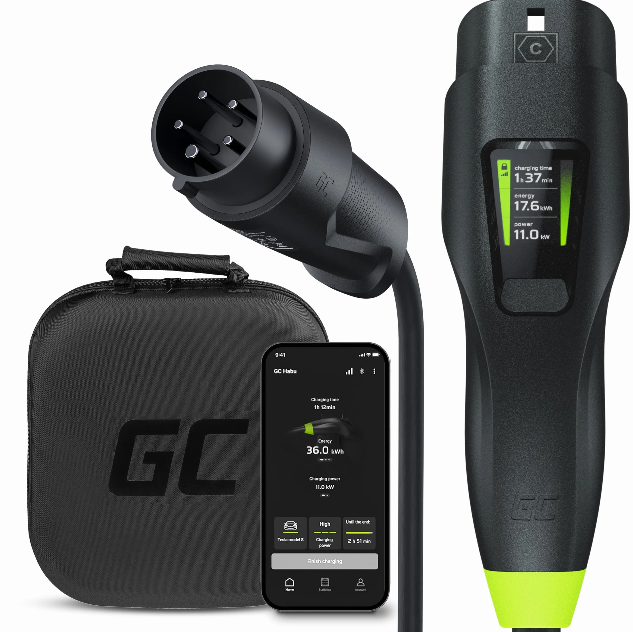 Green Cell Habu Ładowarka Mobilna EV 11kW 7m Typ 2 do CEE 16A Wallbox 2w1 z Aplikacją GC Kompatybilna z Wszystkimi Samochodami Elektrycznymi Model Y, 3, S, X, ID.4, ID.5, EV6, Mach-E