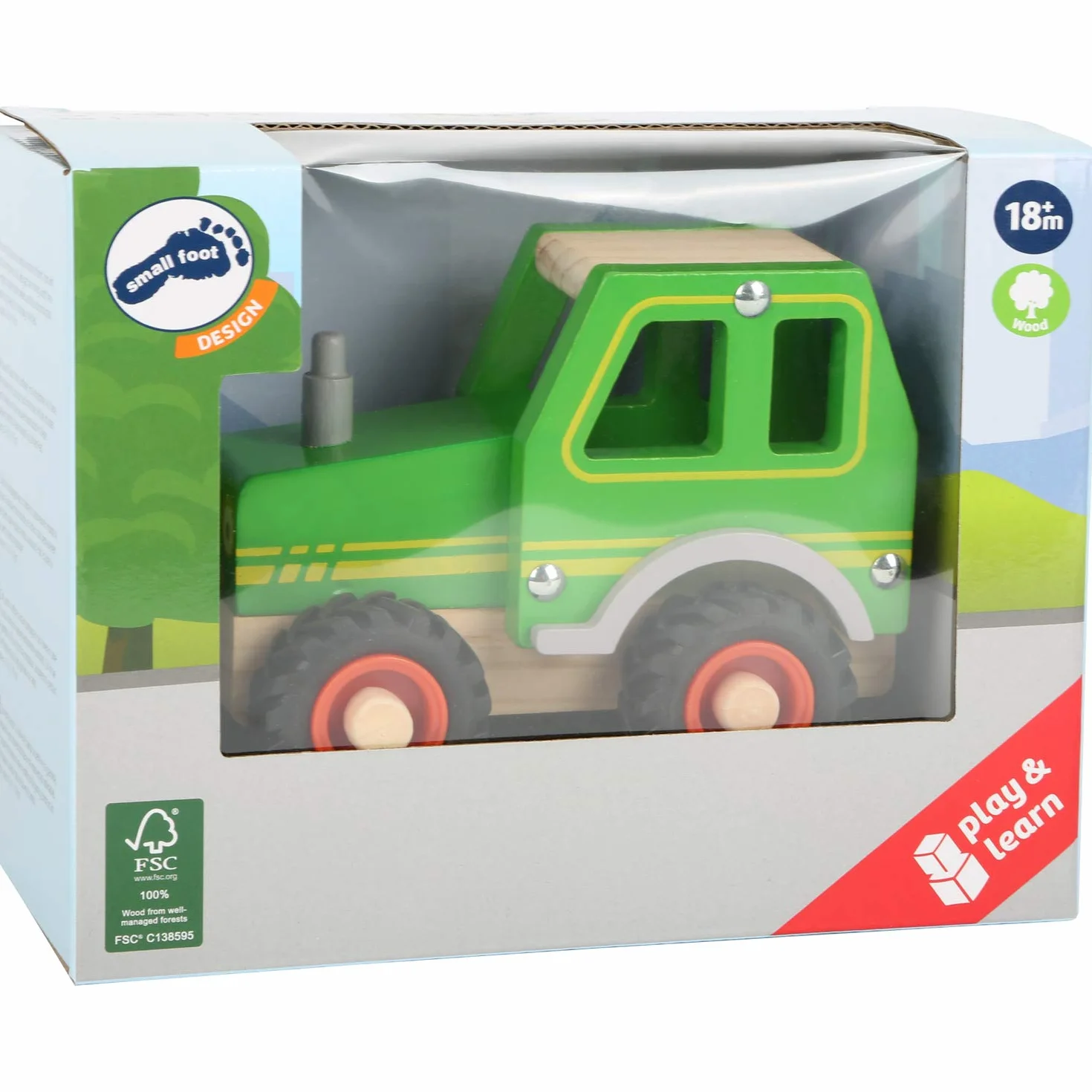 small foot 11078 Drewniany traktor, z kabiną kierowcy i gumowanymi kółkami, zabawka od 18 miesięcy, zielony
