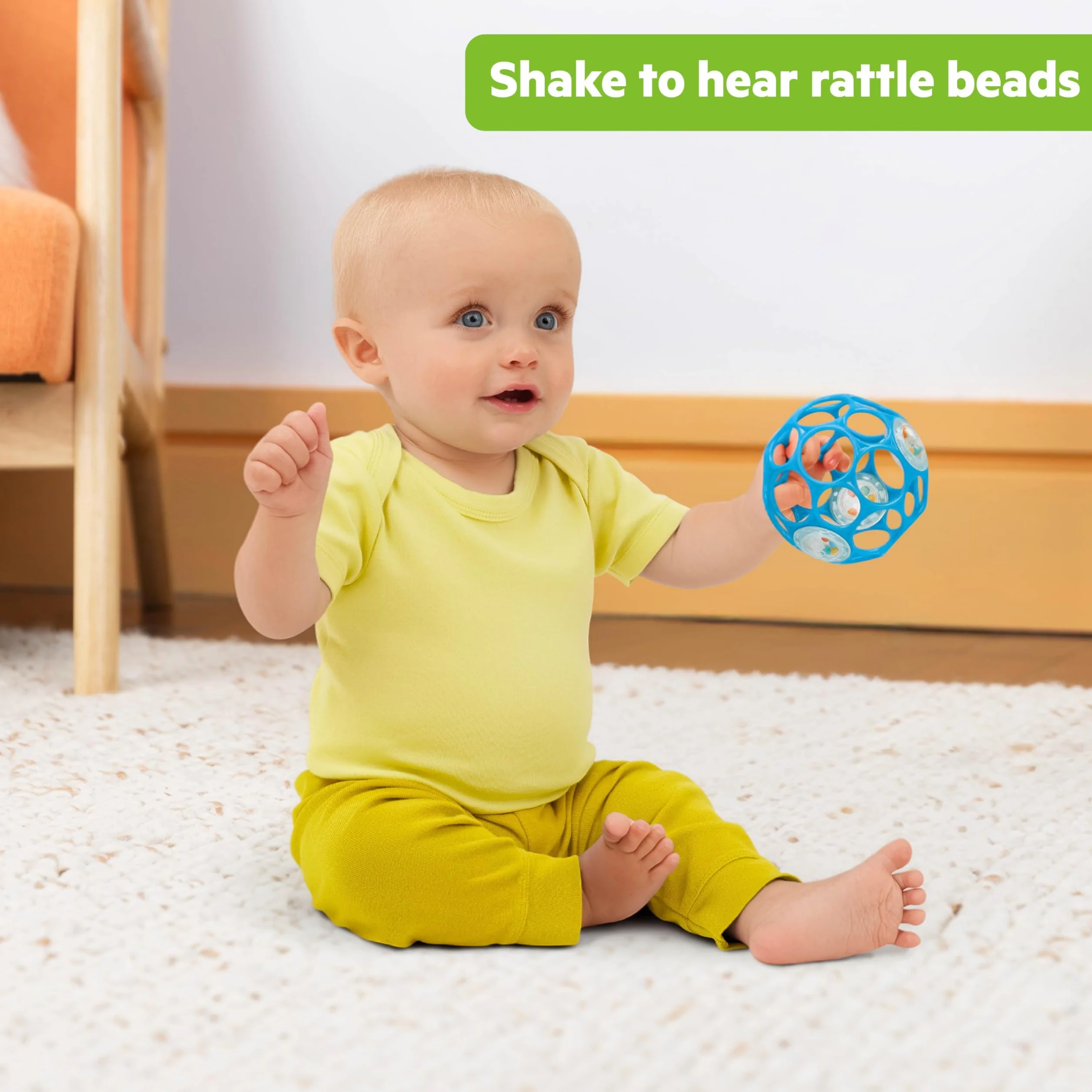 Bright Starts, Oball Rattle, niebieski – elastyczny i łatwy w dotyku design, dla dzieci w każdym wieku