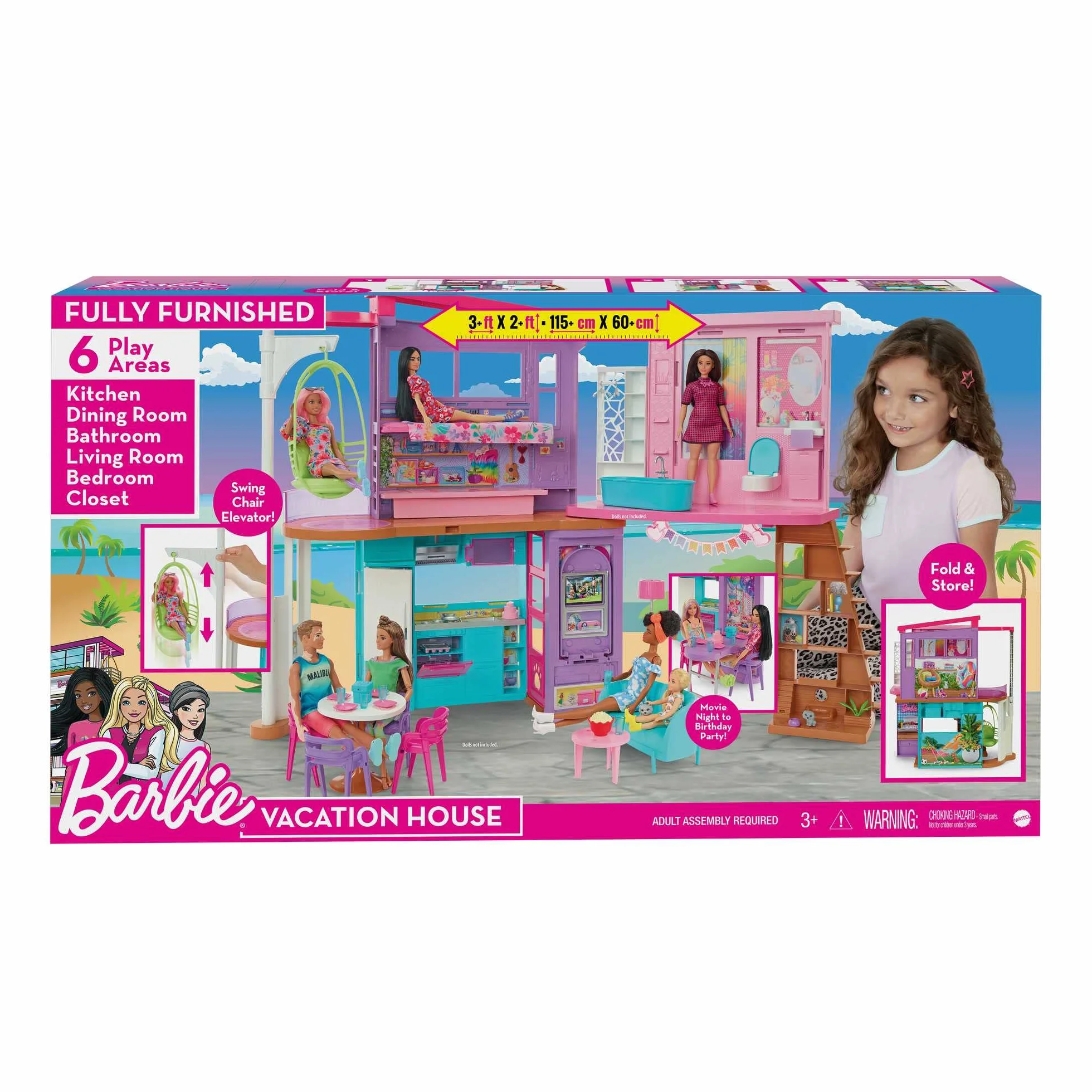 Barbie Wakacyjny domek Zestaw do zabawy (107 cm) z 2 poziomami, 6 pomieszczeniami, huśtawką-windą i ponad 30 elementami, zabawka dla dzieci od 3 roku życia, HCD50