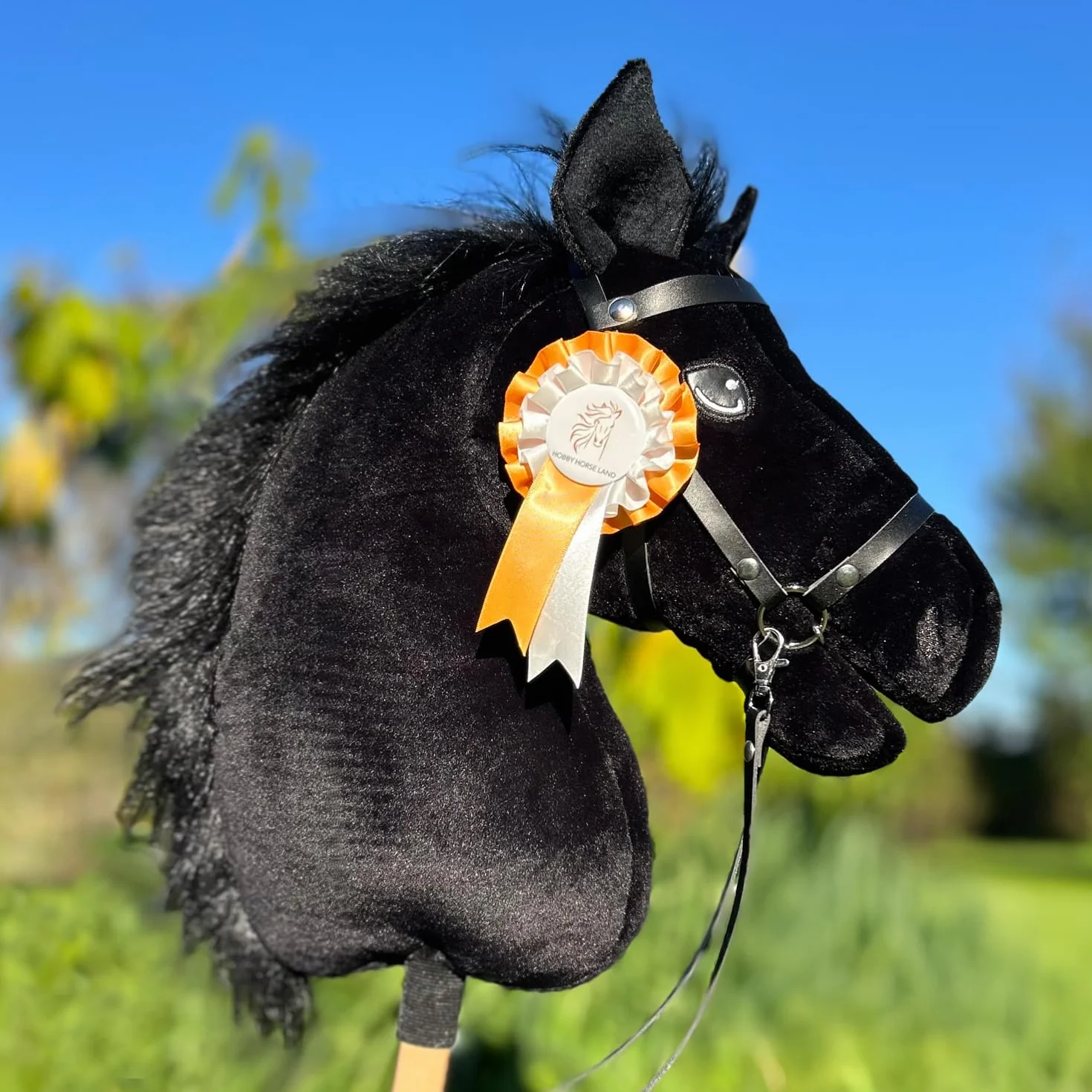 Hobby Horse Black A3 Czysta krew, koń z siatką, mors, sterem i floką. kij do hobby koni dla dzieci i młodzieży