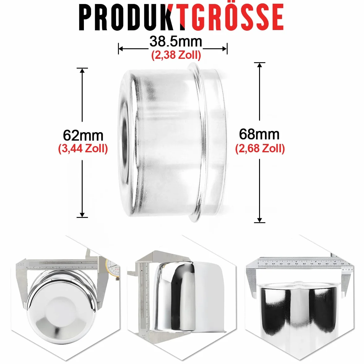 RhinoTuning Zestaw 2 zaślepek przeciwpyłowych, 62 mm, średnica 68 mm, ID 62 mm, kołpaki ochronne na koła, kompatybilne z samochodami ciężarowymi/przyczepami/łodziami (chromowane, z korkami)