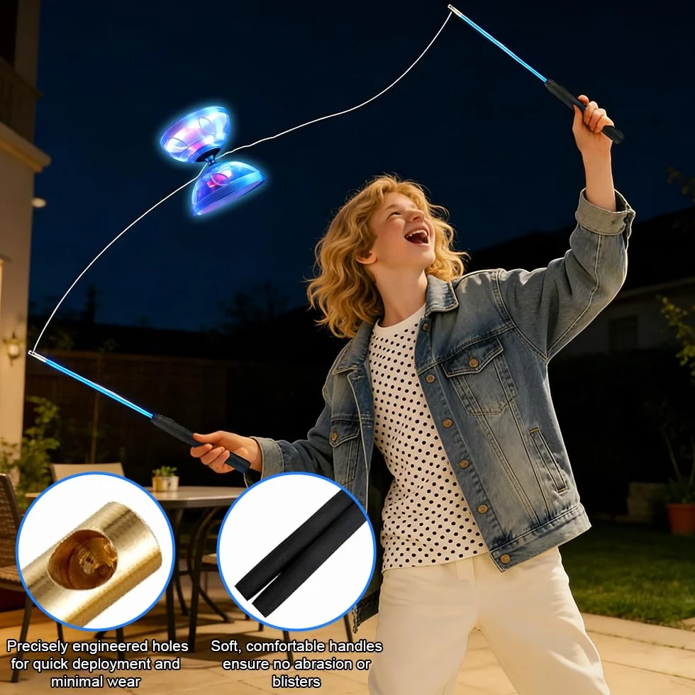 Diabolo LED z łożyskami kulkowymi, 4,5 mm DiaBolo wolnobieg z łożyskiem kulkowym, zabawka do żonglerki Diabolo z piłkami do żonglerki dla dorosłych, początkujących profesjonalistów (niebieski)