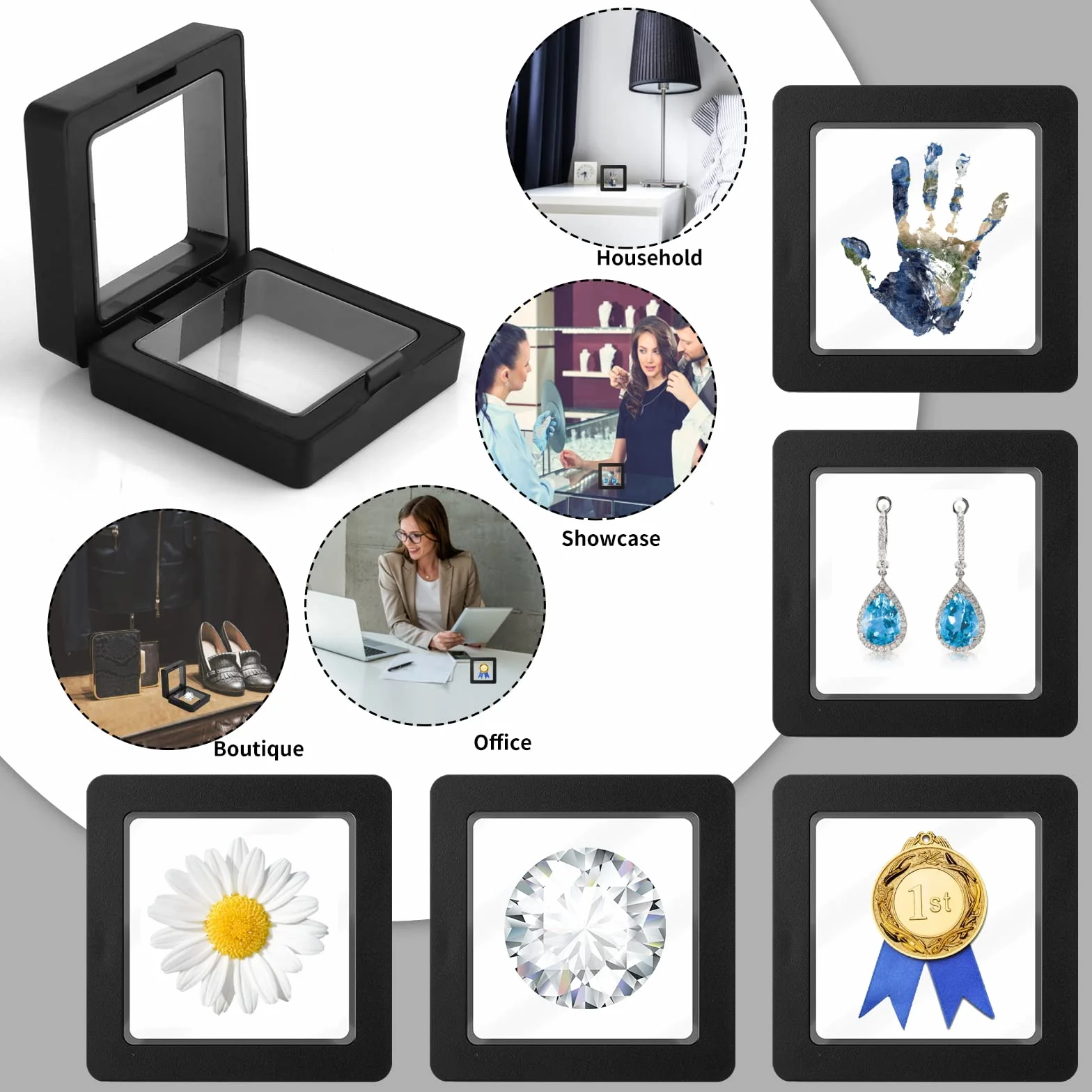 5 szt. 3D pływających ramek displayowych, 3,5 x 3,5 cm (średnica wewnętrzna) Przezroczysty stojak displayowy, stojak na monety, medale, biżuterię, pierścionki, wisiorki, bransoletki