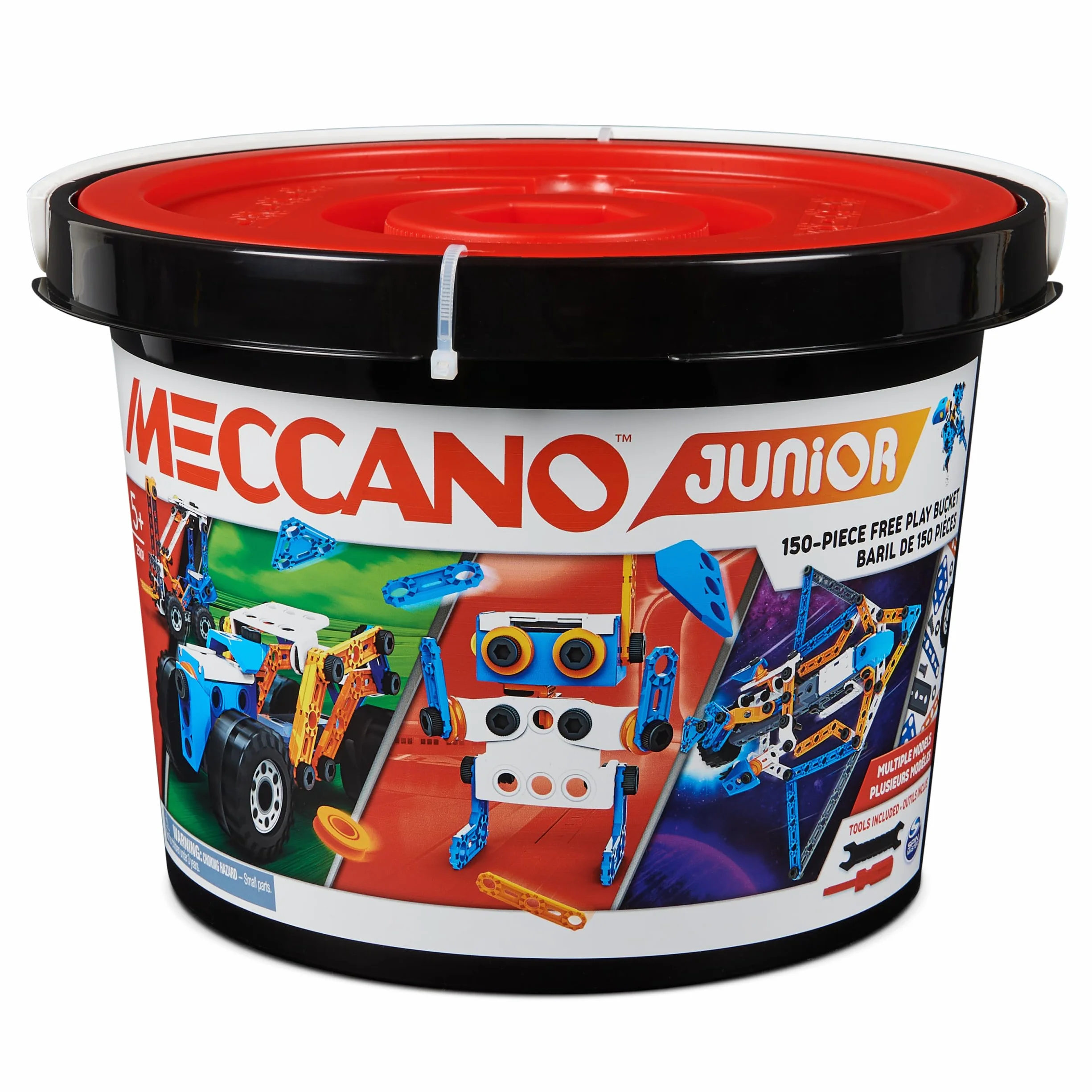MECCANO - Beczka Junior 150 sztuk - 5 różnych modeli do zbudowania - zestaw do budowania z 2 narzędziami - alternatywa dla ekranów - zabawka dla dzieci w wieku 5 lat