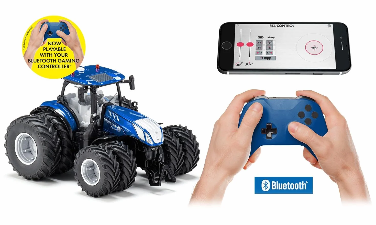 Siku 6738, New Holland T7.315 Traktor, 1:32, Niebieski, Metal,tworzywo sztuczne, Zdalnie sterowany, Sterowanie za pomocą aplikacji przez Bluetooth, Zdejmowane podwójne koła, Bez pilota zdalnego sterowania