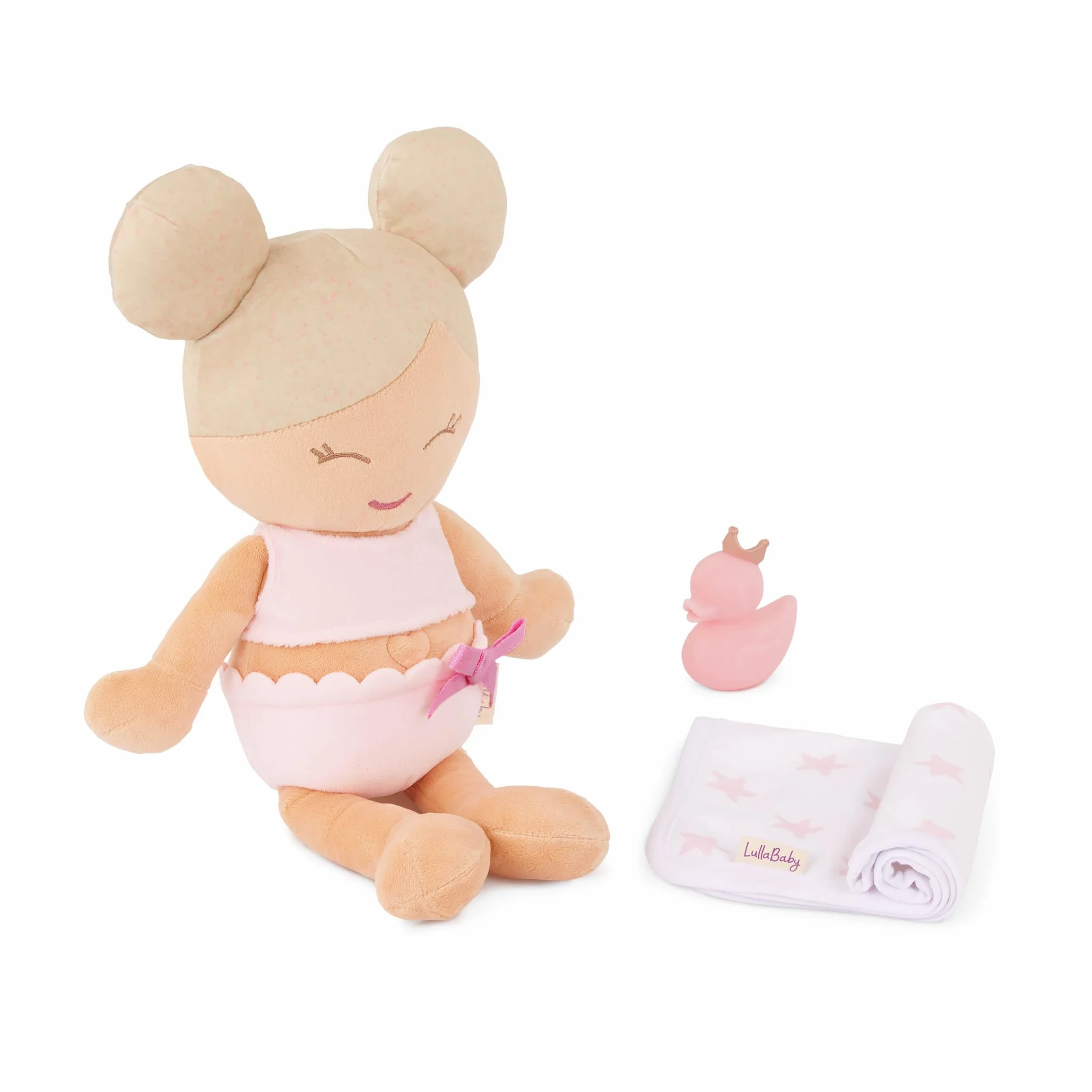LullaBaby LBY7254Z lalka do kąpieli, zabawka do kąpieli, 36 cm, materiałowa lalka, blond włosy, zabawka do kąpieli dla niemowląt, zabawka wodna, ręcznik i kaczka kąpielowa, akcesoria dla lalek,