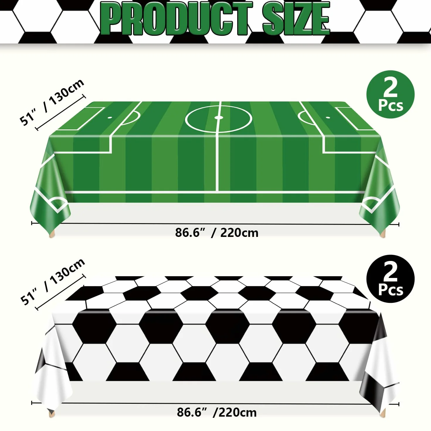 Obrus piłkarski – 4 sztuki obrusów z motywem piłkarskim do dekoracji imprez sportowych, artykuły dla dzieci z motywem piłki, 130 x 220 cm, 2 style