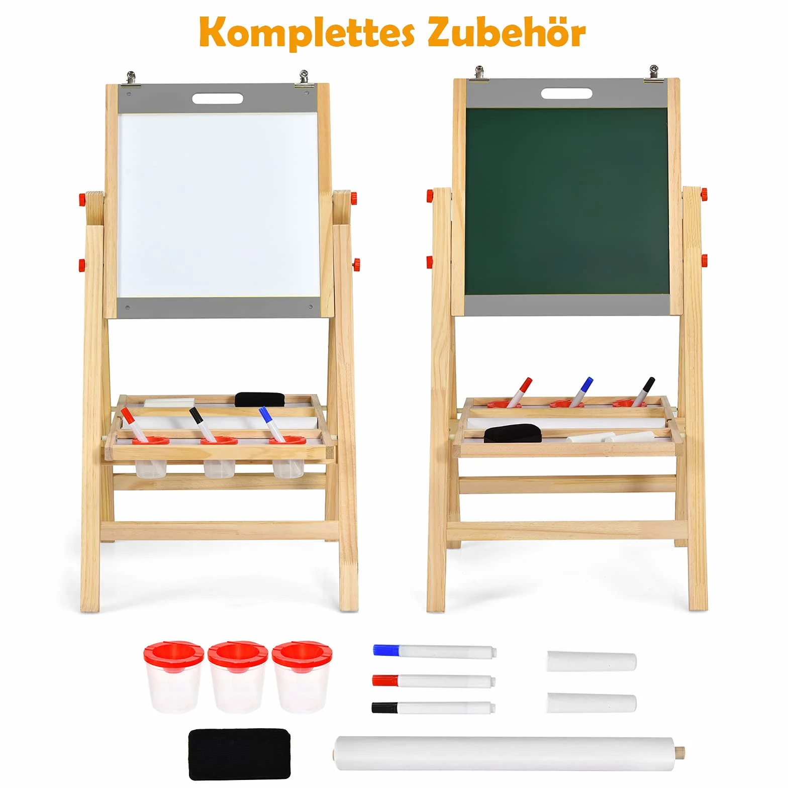 COSTWAY Sztaluga dziecięca 3 w 1 z drewna sosnowego, dwustronna, tablica suchościeralna, do pisania kredą i rysowania, z regulacją wysokości/składana, z półką