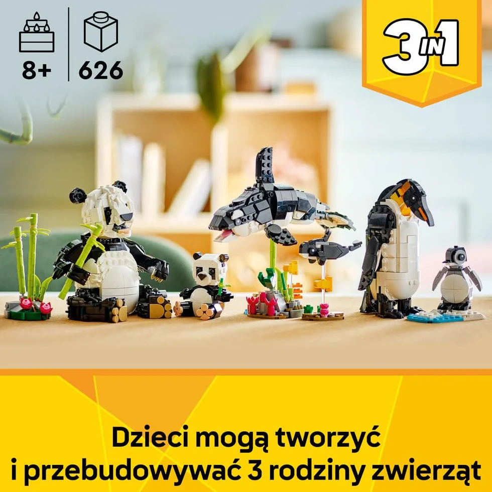 LEGO Creator 3 w 1 Dzikie zwierzęta: rodzina pand, pomysł na prezent dla dziewczynki i chłopca od 8 lat, zabawka konstrukcyjna dla dziecka do przebudowania na figurki zwierząt: orkę lub pingwina 31165