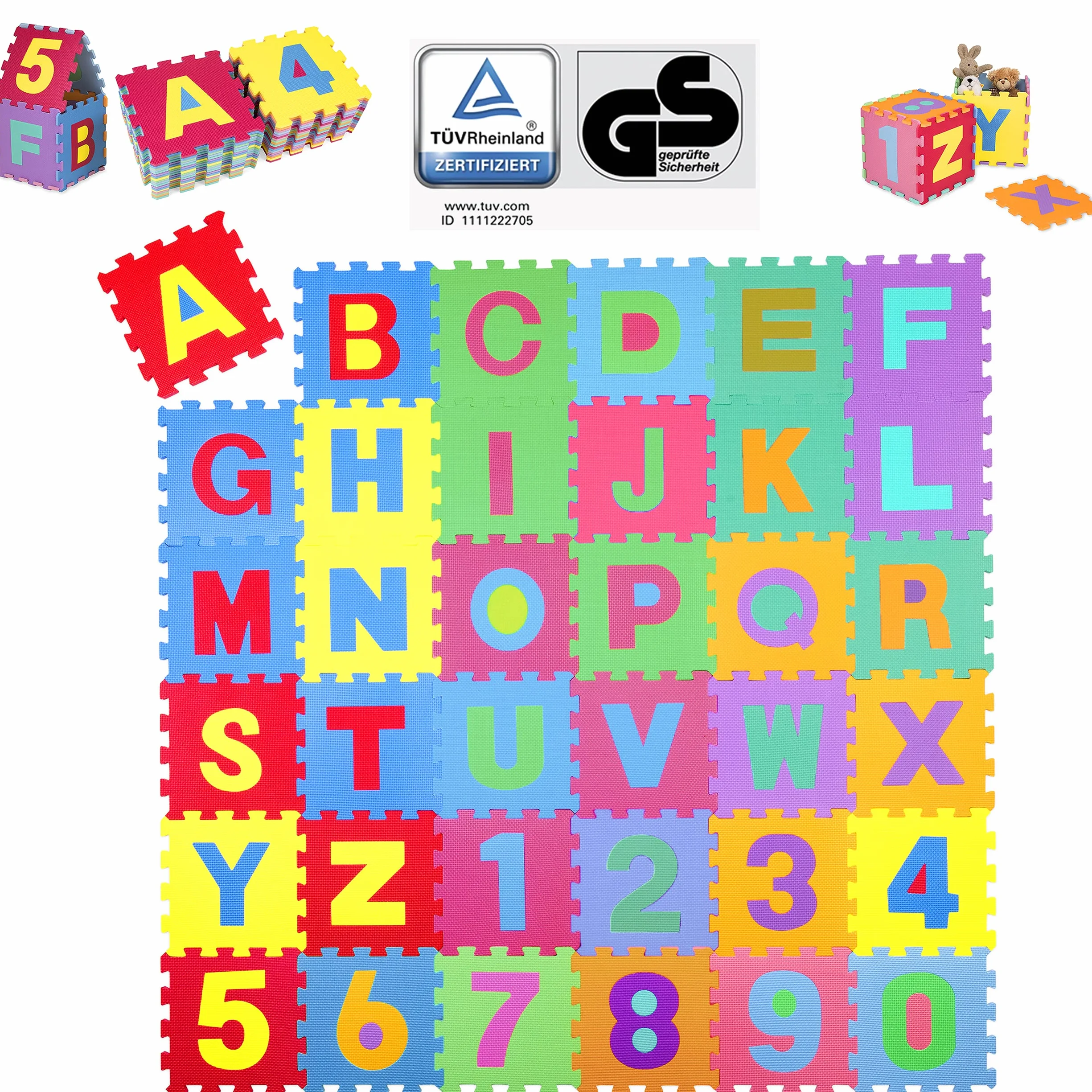 KIDUKU Mata z piankowych puzzli o wymiarach 189 x 189 cm, zestaw 86 szt. puzzli, bezpieczna mata do układania dla niemowląt i małych dzieci, z cyframi i literkami.