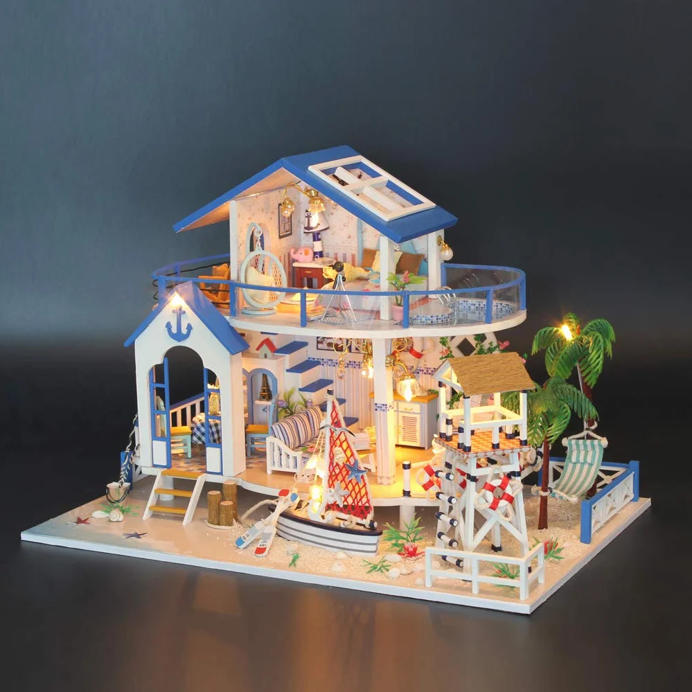 GuDoQi Miniaturowy zestaw domku dla lalek z muzyką, miniaturowe zestawy modeli domu DIY do budowania, rękodzieło ręcznie robione dla dorosłych, stwórz własny na urodziny, Dzień Ojca, Niebieska Willa