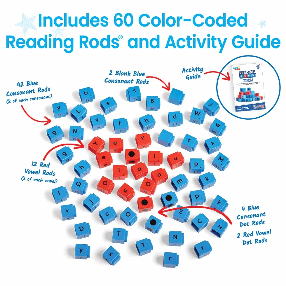 Learning Resources Klocki Reading Rods do Nauki Alfabetu i Trzyliterowych Słów, Nauka czytania, Zabawa w tworzenie słów, Klocki z literkami, Zabawki do nauki ortografii