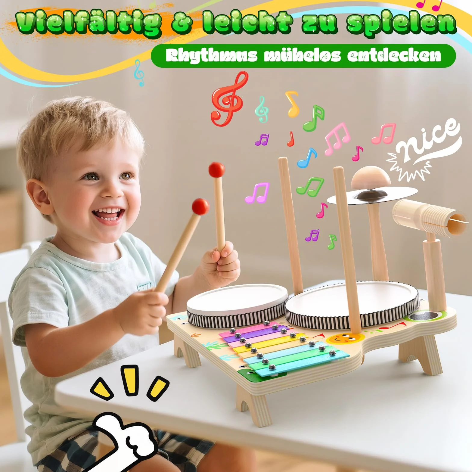 Skirfy Instrumenty muzyczne dla dzieci, drewniana zabawka, zestaw perkusyjny z pałeczkami perkusyjnymi i ksylofonem, zabawka edukacyjna dla chłopców i dziewczynek od 3, 4, 5 lat, zabawka sensoryczna