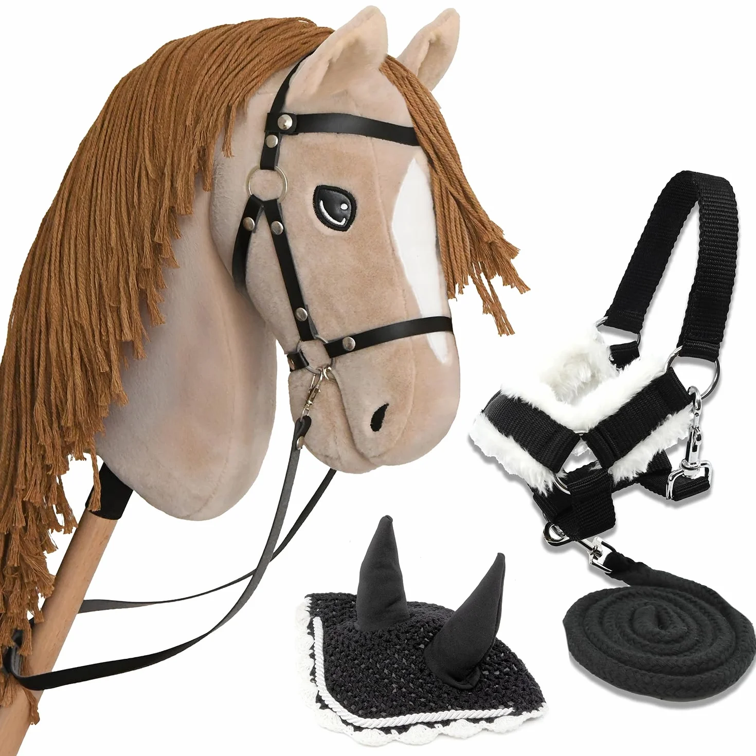 Hobby Horse Beige A3, kompletny kij koń z siatką, mors, lejce, kantar i czarno-biała czapka przeciw owadom. kij do hobby koni dla dzieci i młodzieży