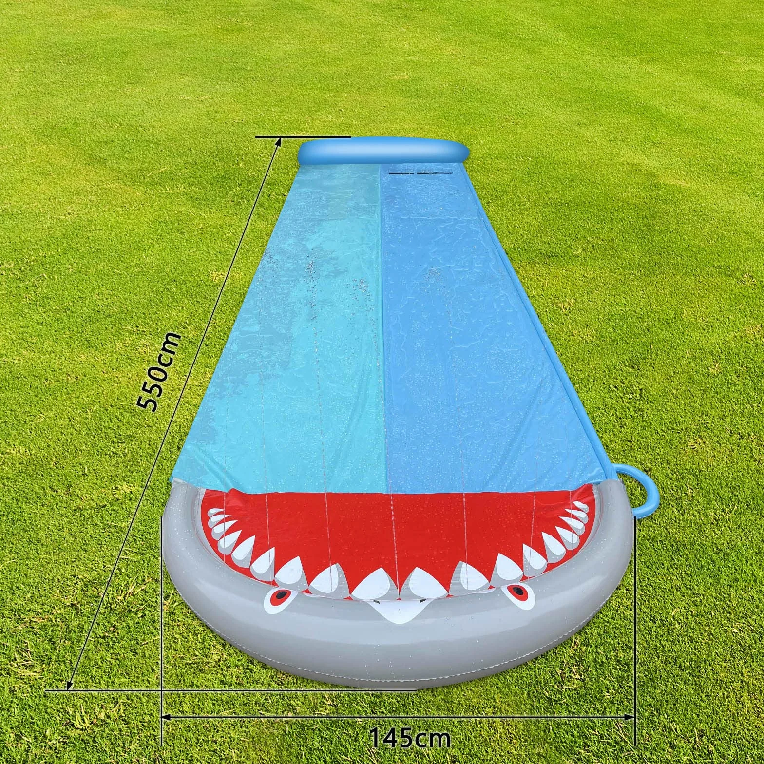Zjeżdżalnia wodna 550 x 145 cm, podwójna zjeżdżalnia wodna, zabawka wodna z 2 bodyboardami, letnia zabawka ze zraszaczem, styl rekina, mata antypoślizgowa dla dzieci
