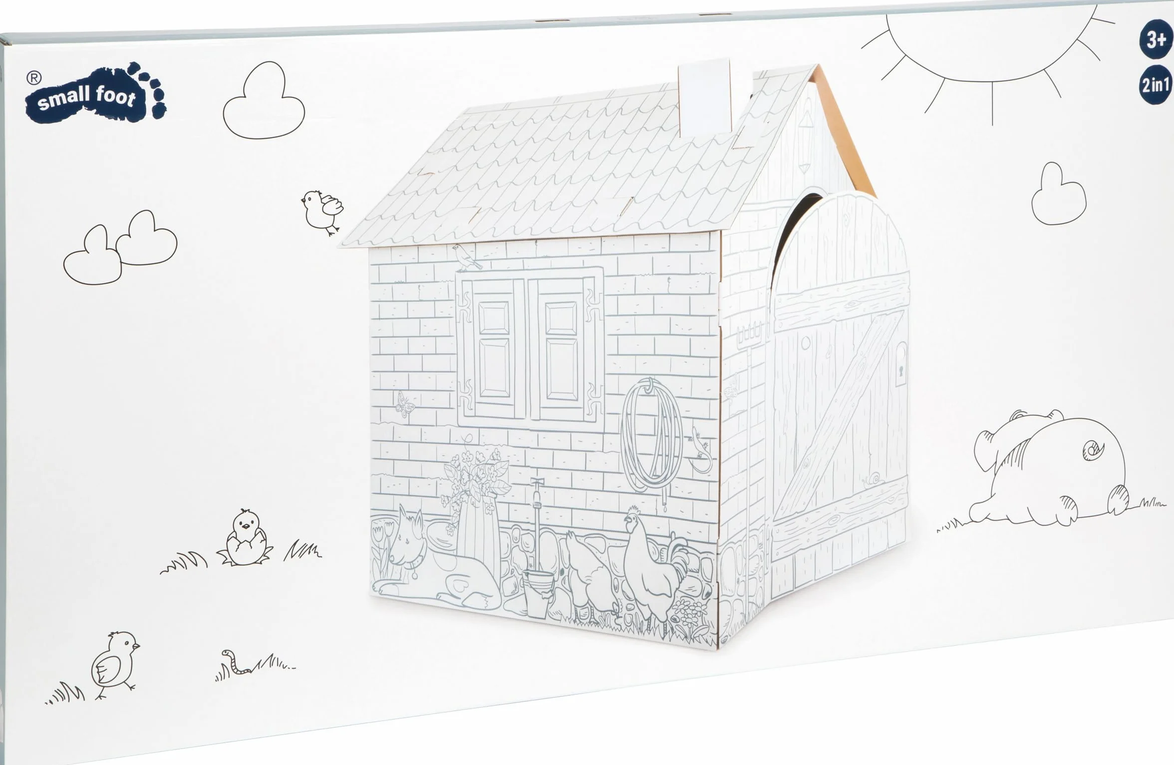 small foot 10015 Huge Playhouse "Farm" z kartonu, może być malowany woskiem, kredkami filcowymi i kredkami, od 3 lat