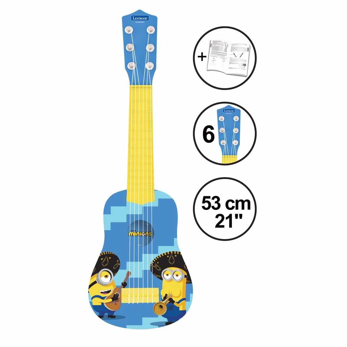 Lexibook, Mój ulubiony złoczyńca, Minionki, Moja pierwsza gitara, 6 strun nylonowych, 53 cm, przewodnik w zestawie, niebieski/żółty, K200DES