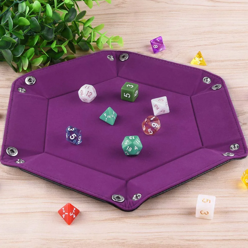 SIQUK Dwustronna taca na kości, składana sześciokątna skóra PU i ciemnofioletowy aksamitny uchwyt na kości do Dungeons and Dragons RPG Dice Gaming D&D i innych gier stołowych