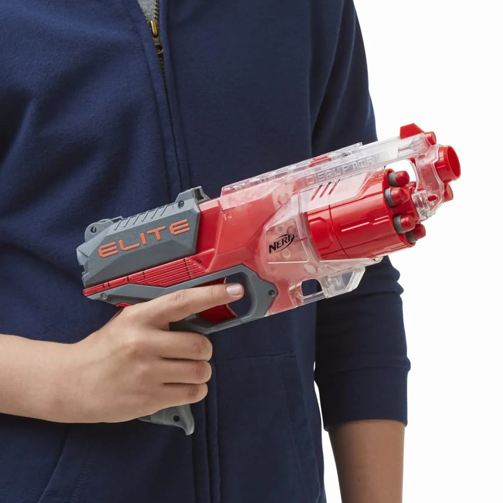 Wyrzutnia Nerf Elite Disruptor, 6-strzałkowy magazynek obrotowy, 6 strzałek Nerf Elite, ogień ciągły, półprzezroczysty czerwony, dostępna tylko w serwisie Amazon