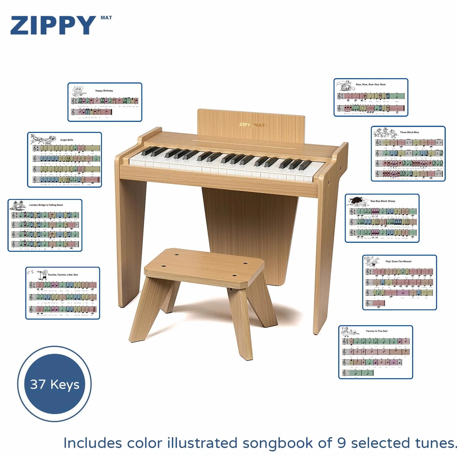 Klawiatura fortepianowa dla dzieci, 37 klawiszy, instrument do nauki muzyki, zabawka, drewniane fortepian, dla 3+ dziewcząt i chłopców (Dąb Basic)