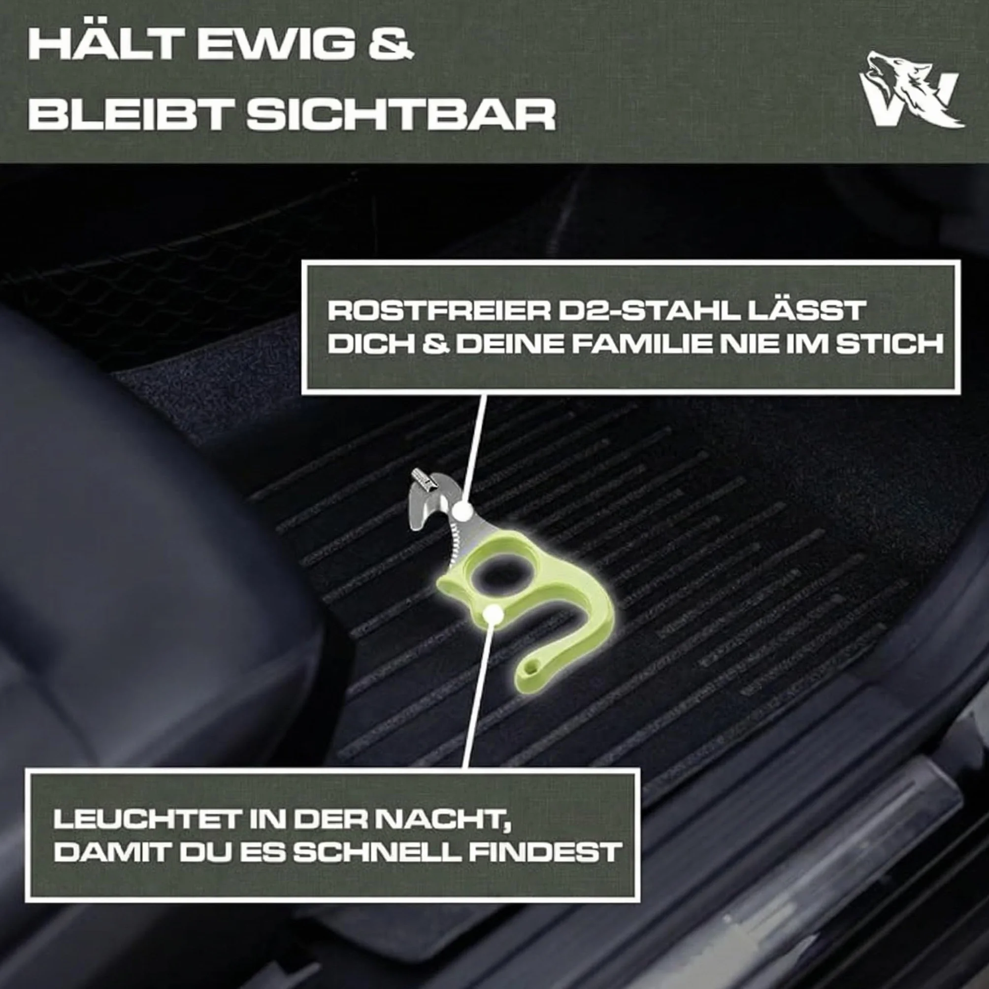 Wolfgangs Rescue Tool aus feinstem 440C Stahl - Handlicher Gurtschneider Notfallhammer Auto mit Leuchtfunktion - Nothammer Auto Sicherheitsset mit extra Aufbewahrungstasche für die Sonnenblende