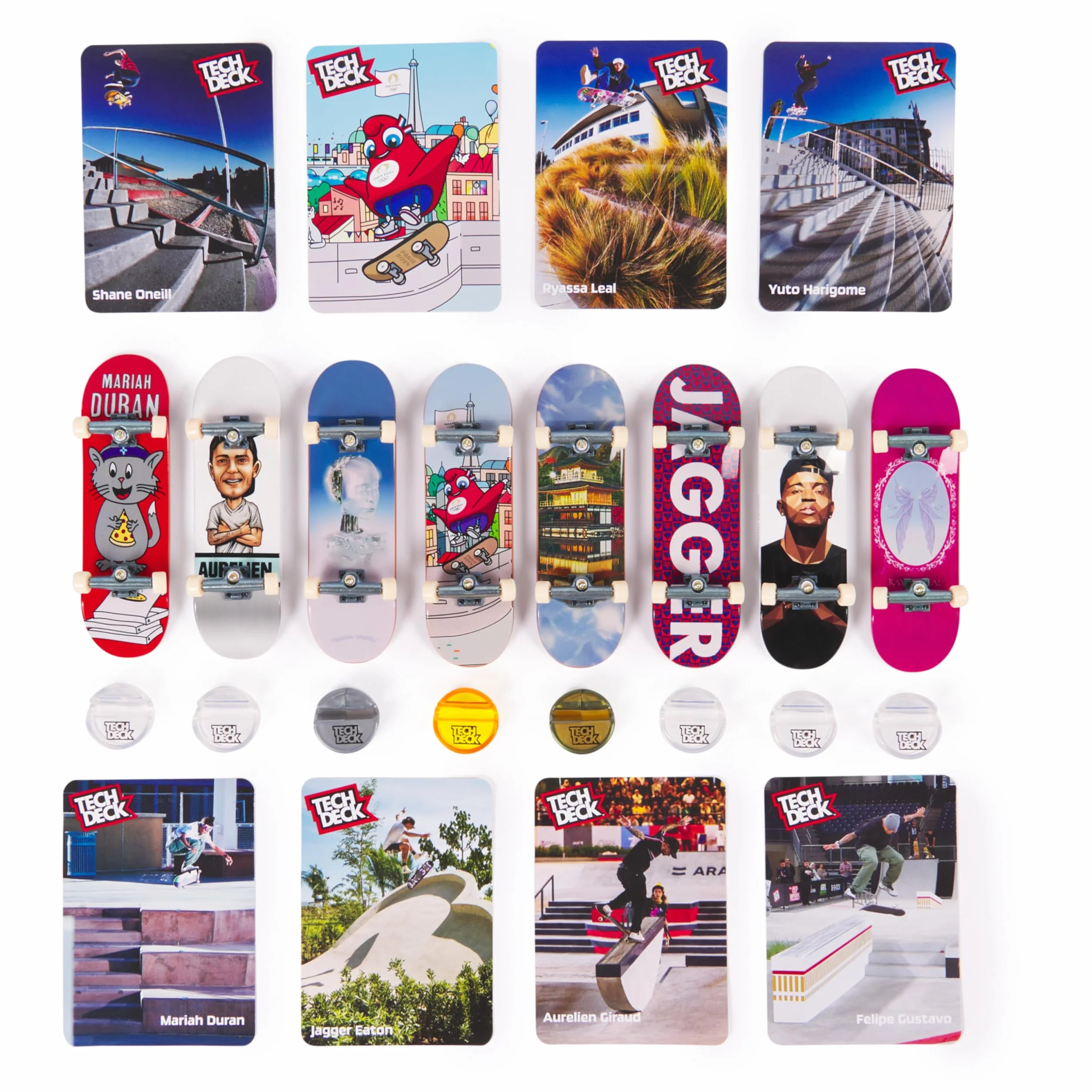 Tech Deck Competition Legends zestaw 8 sztuk, 8 autentycznych naparstków olimpijskich sportowców w Paryżu 2024, 8 indywidualnych uchwytów na deskorolkę, 8 kart dla sportowców, od 6 lat