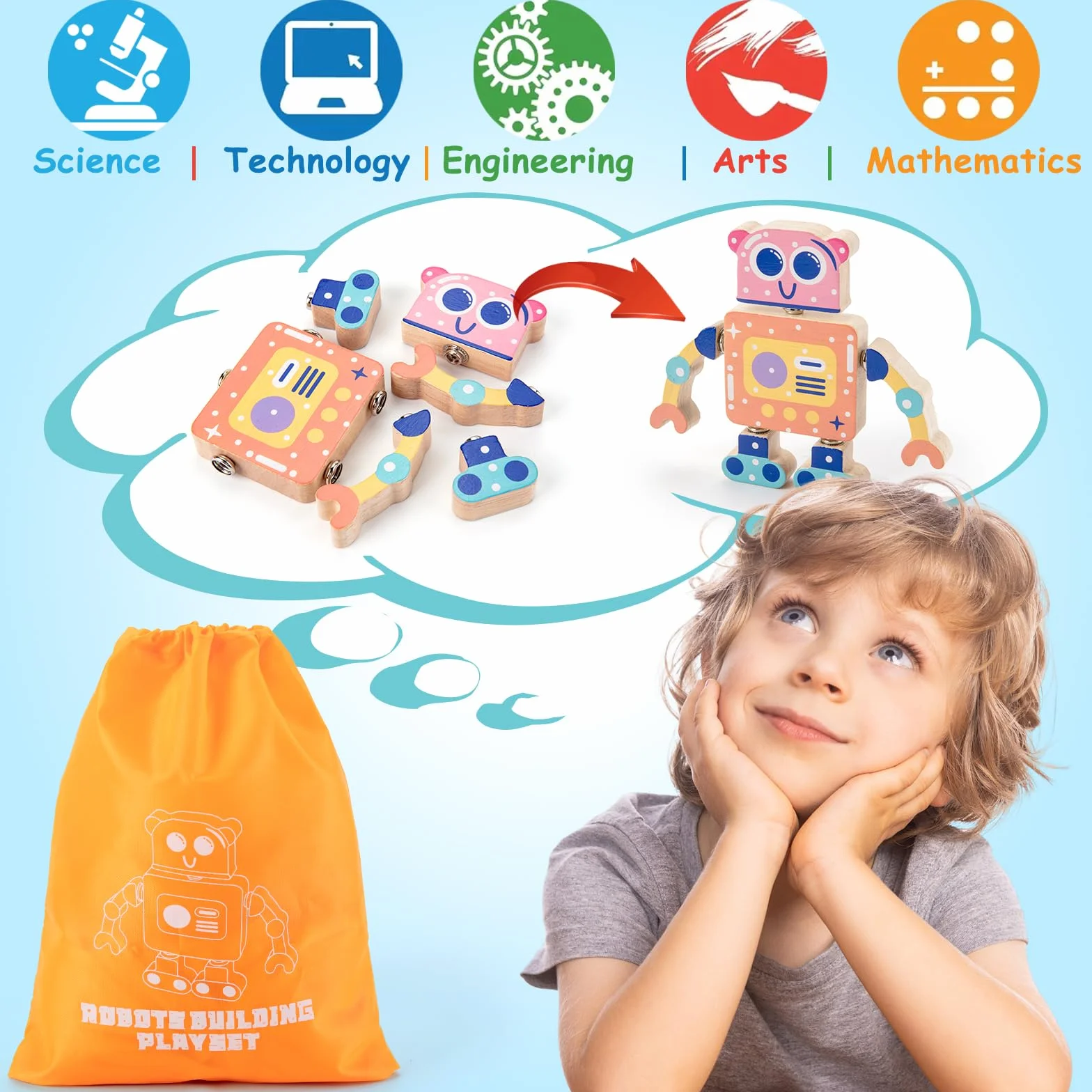 SEMKOTREE Drewniane klocki do budowania Montessori od 3 lat, zabawka do budowania umiejętności motorycznych z przyciskami, drewniana zabawka dla chłopca, dziewczynki 3 4 5 6 lat