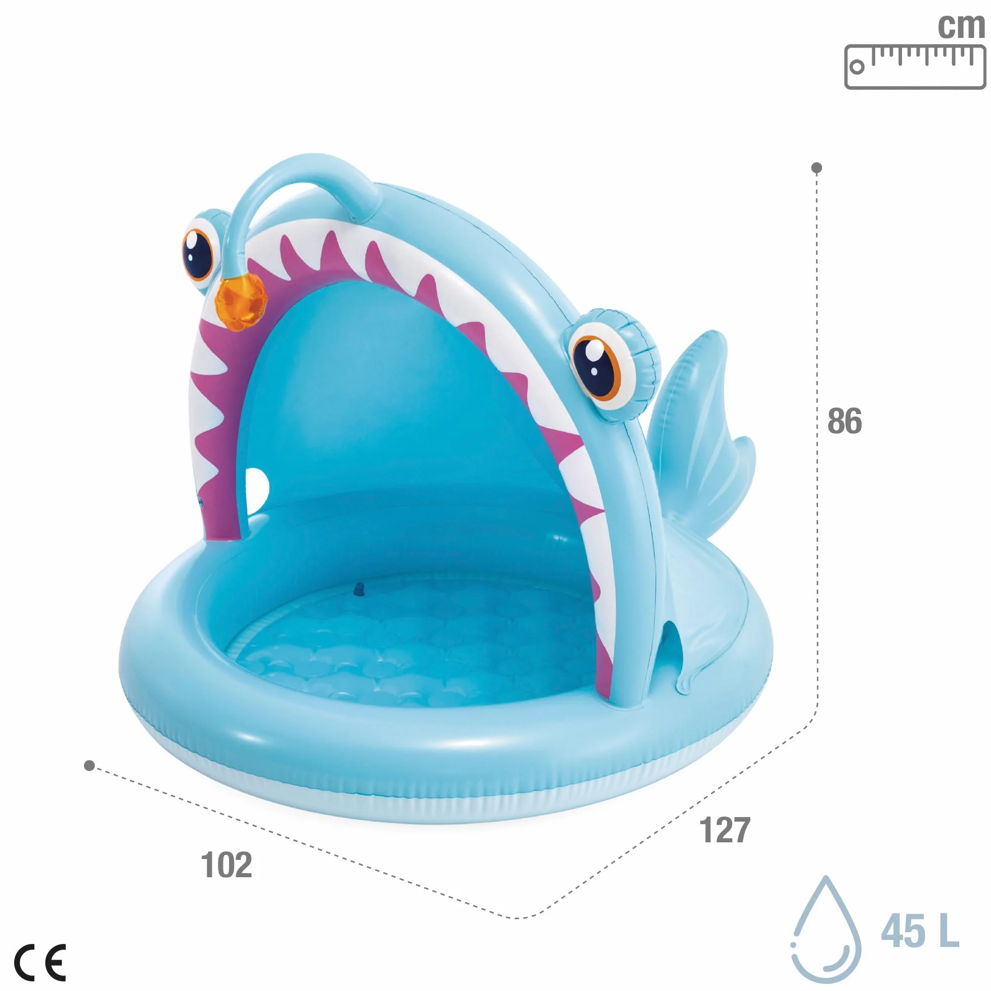 Intex Angler Fish nadmuchiwany basen dla dzieci, 127 x 102 x 86 cm, z parasolem, wyściełana podłoga, wzór ryby 3D, pojemność 45 l, dla dzieci 1-3 lat, wytrzymały winyl (58400)