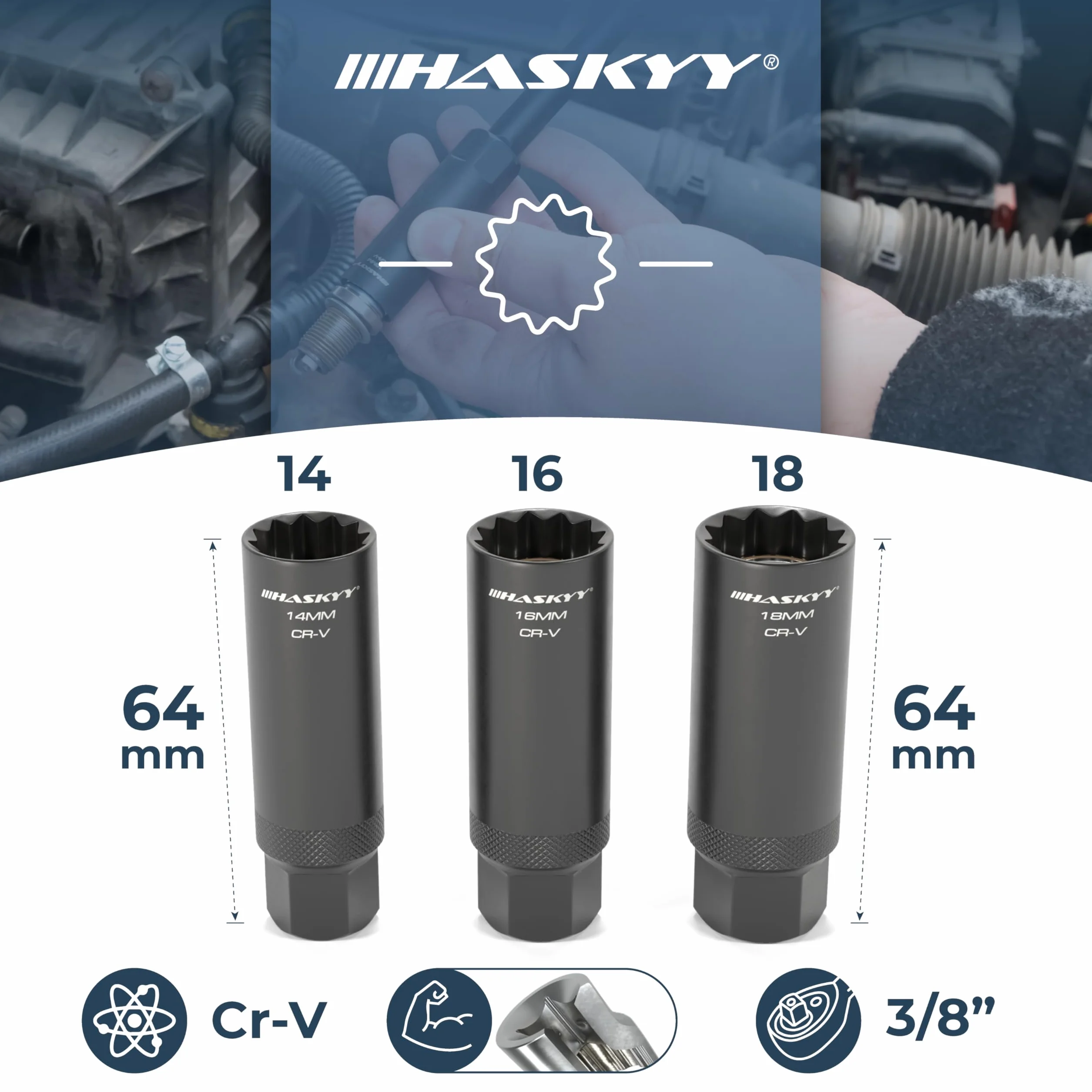 HASKYY Magnetyczny Zestaw Kluczy do Świec 14-16-18mm - Nasadki Dwunastokątne z Zabierakiem 3/8 Cala - Komplet 3 Sztuk do Świec Zapłonowych i Żarowych