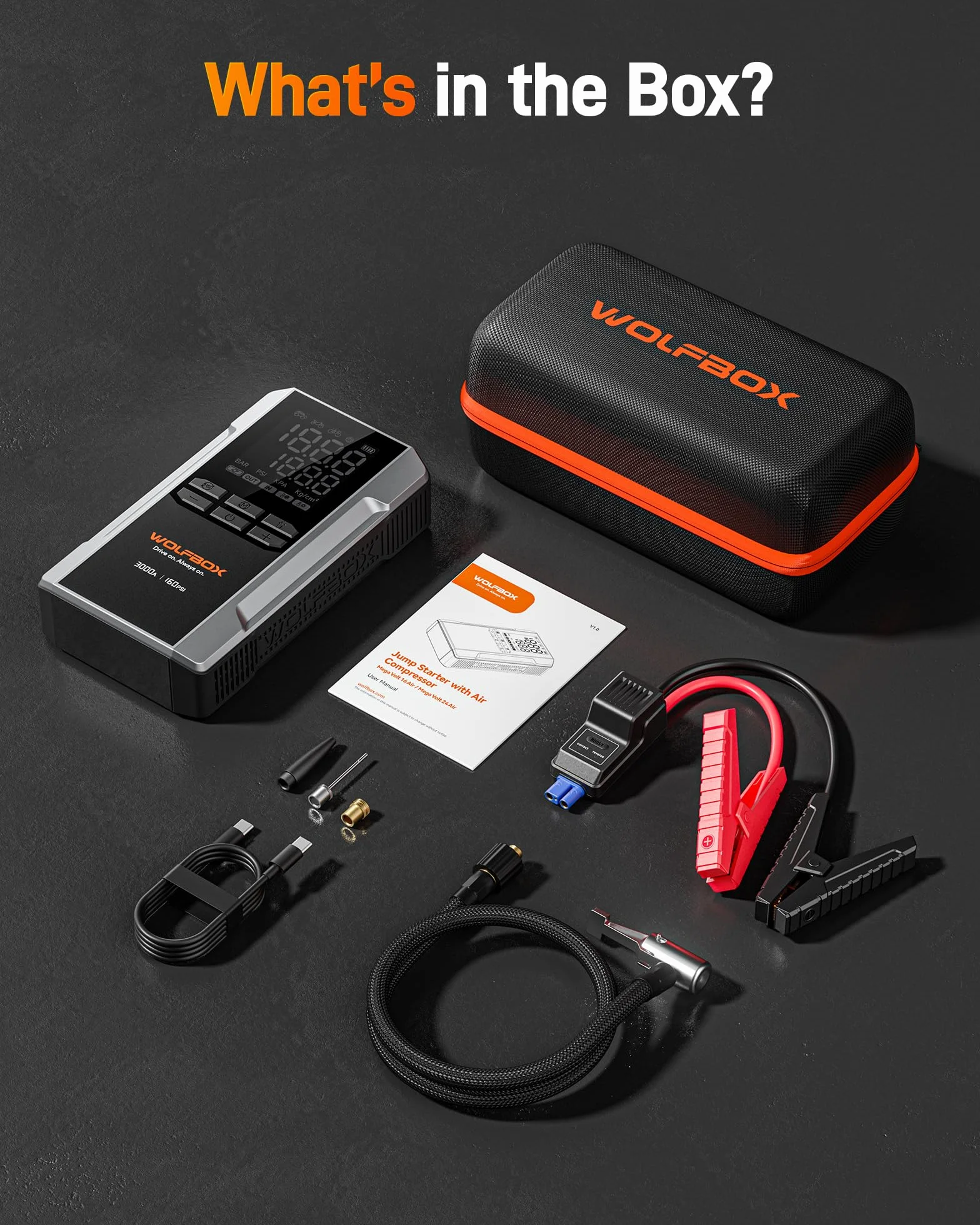 WOLFBOX Rozrusznik skokowy 3000 A ze sprężarką powietrza, przenośny rozrusznik samochodowy 16000 mAh i 160 PSI z szybkim ładowaniem 65 W, akumulator 12 V (silnik wysokoprężny 8 l, gazowy 6 l) z