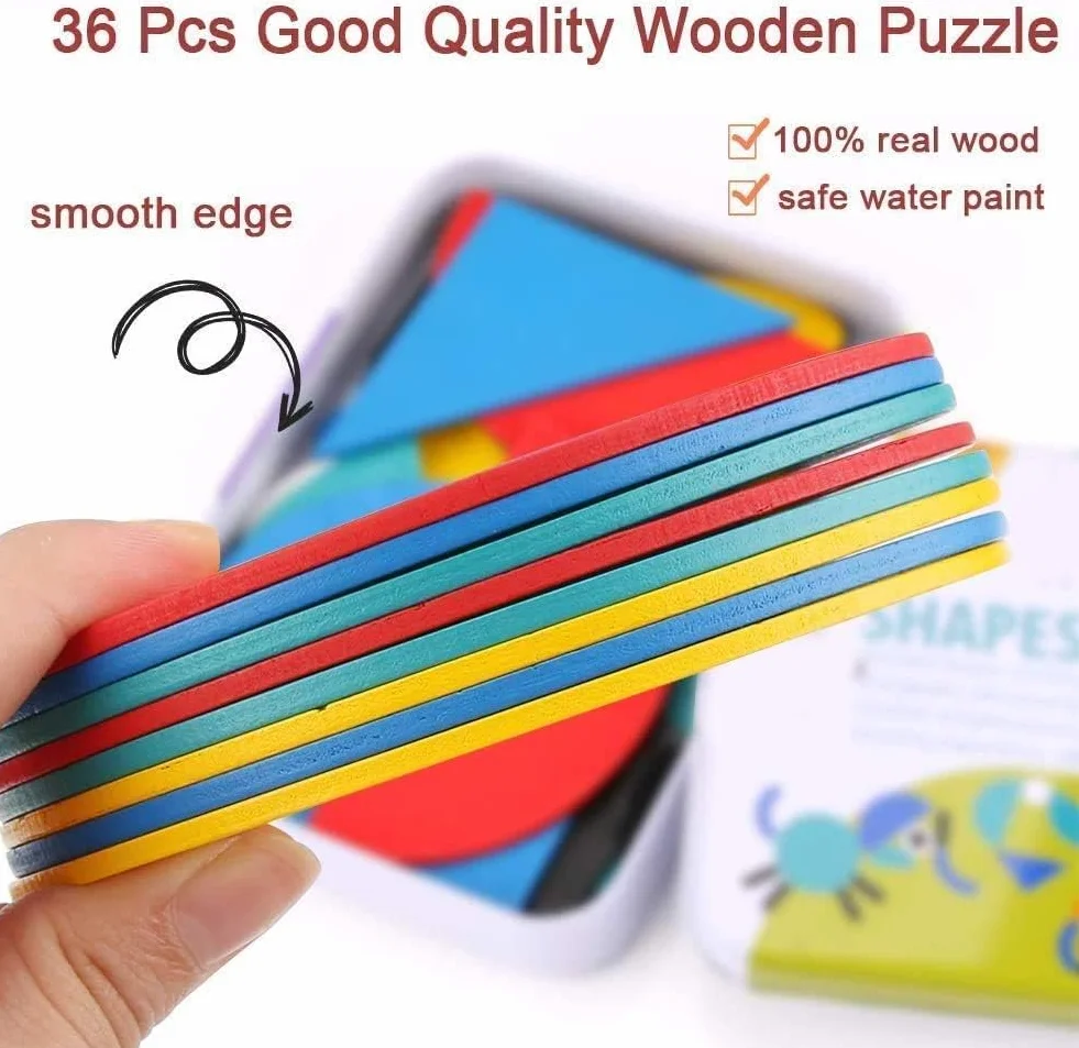 BBLIKE Tangram Wood, 36 drewnianych puzzli Montessori + 60 sztuk układania kart do układania w stosy gry i zabawki edukacyjne klasyfikacja dla dzieci