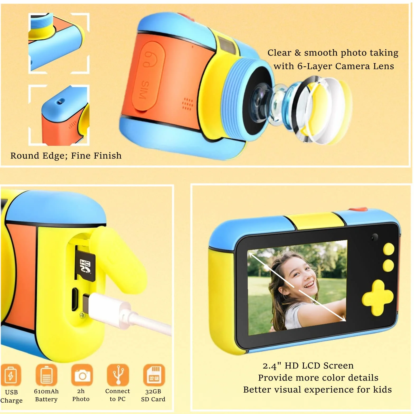 Aparat Fotograficzny dla Dzieci 24 MP, 2,4" 1080P Kamera Wideo z Kartą 32G, Zoom 4X, Filtry - Prezent dla Dzieci 3-10 Lat