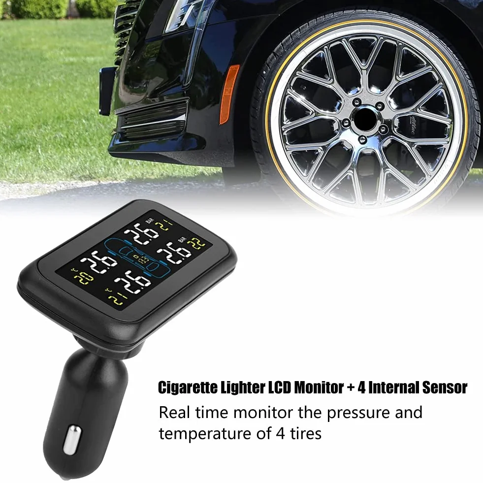 System monitorowania ciśnienia w oponach, samochodowy czujnik ciśnienia w oponach TPMS z monitorem LCD, 4 czujniki wewnętrzne, ładowarka USB do zapalniczki