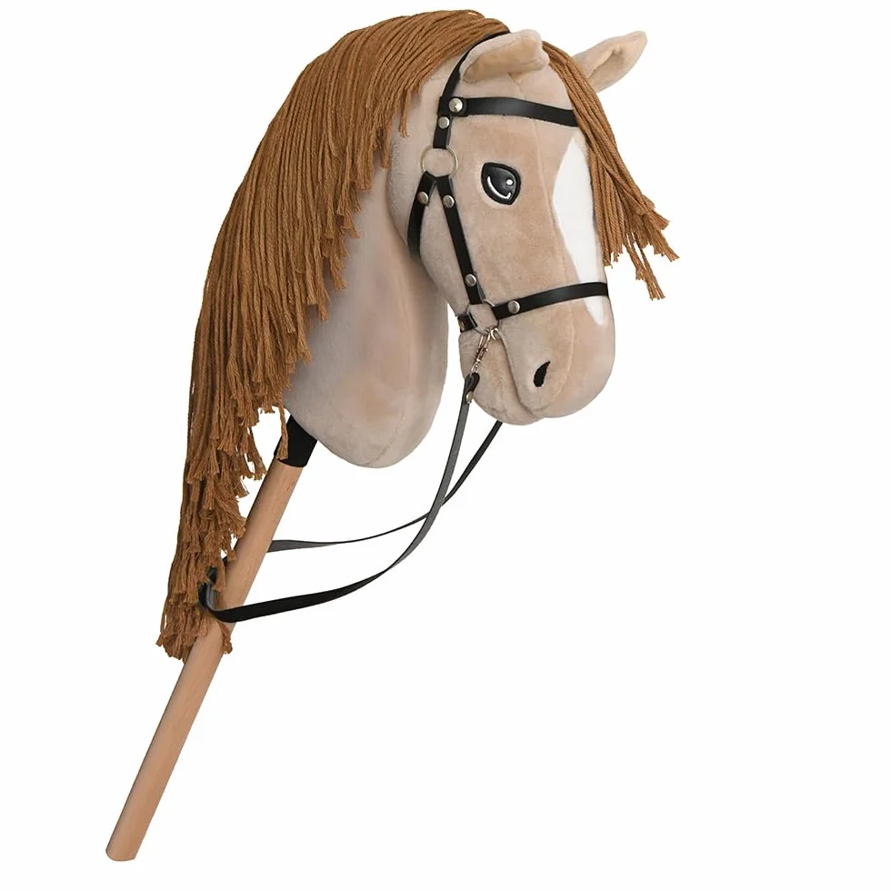 Hobby Horse Beige A3, kompletny kij koń z siatką, mors, lejce, kantar i czarno-biała czapka przeciw owadom. kij do hobby koni dla dzieci i młodzieży
