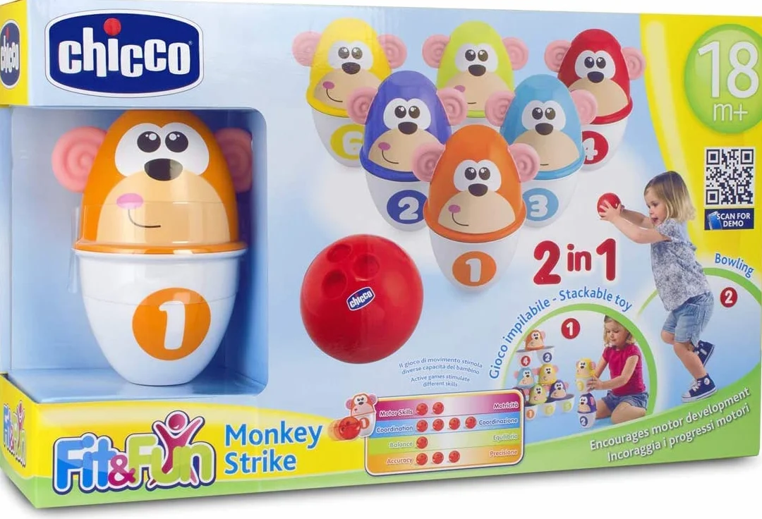 Chicco Kolorowe Kręgle Jungle FIT&FUN, Kolorowe Kręgle, Zestaw do Gry w Kręgle, Zabawki dla Chłopca i Dziewczynki