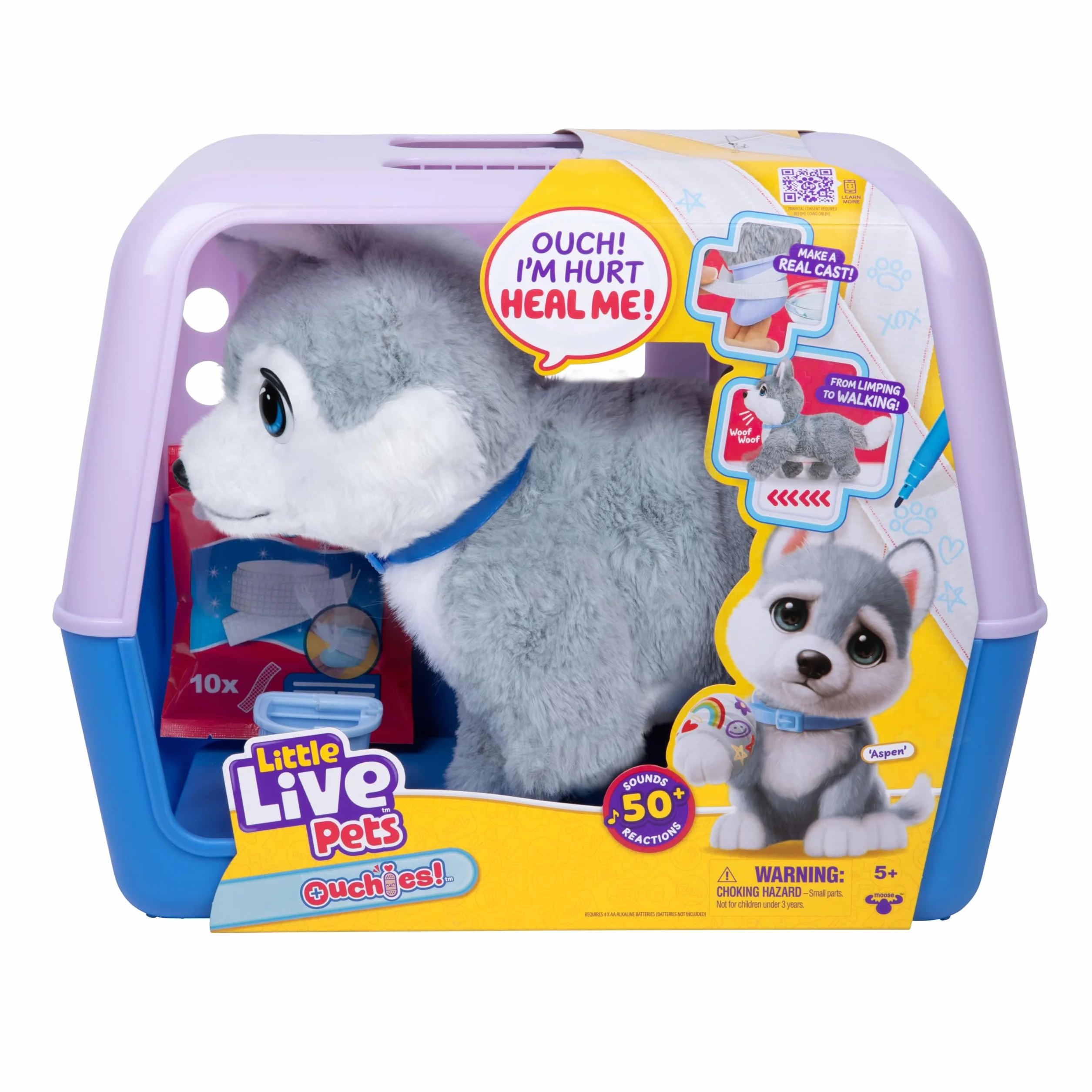 Little Live Pets Ouchies Aspen – ekskluzywny interaktywny szczeniak Husky z 50+ dźwiękami i reakcjami, w zestawie zestaw weterynaryjny i torba do noszenia, od 4 lat