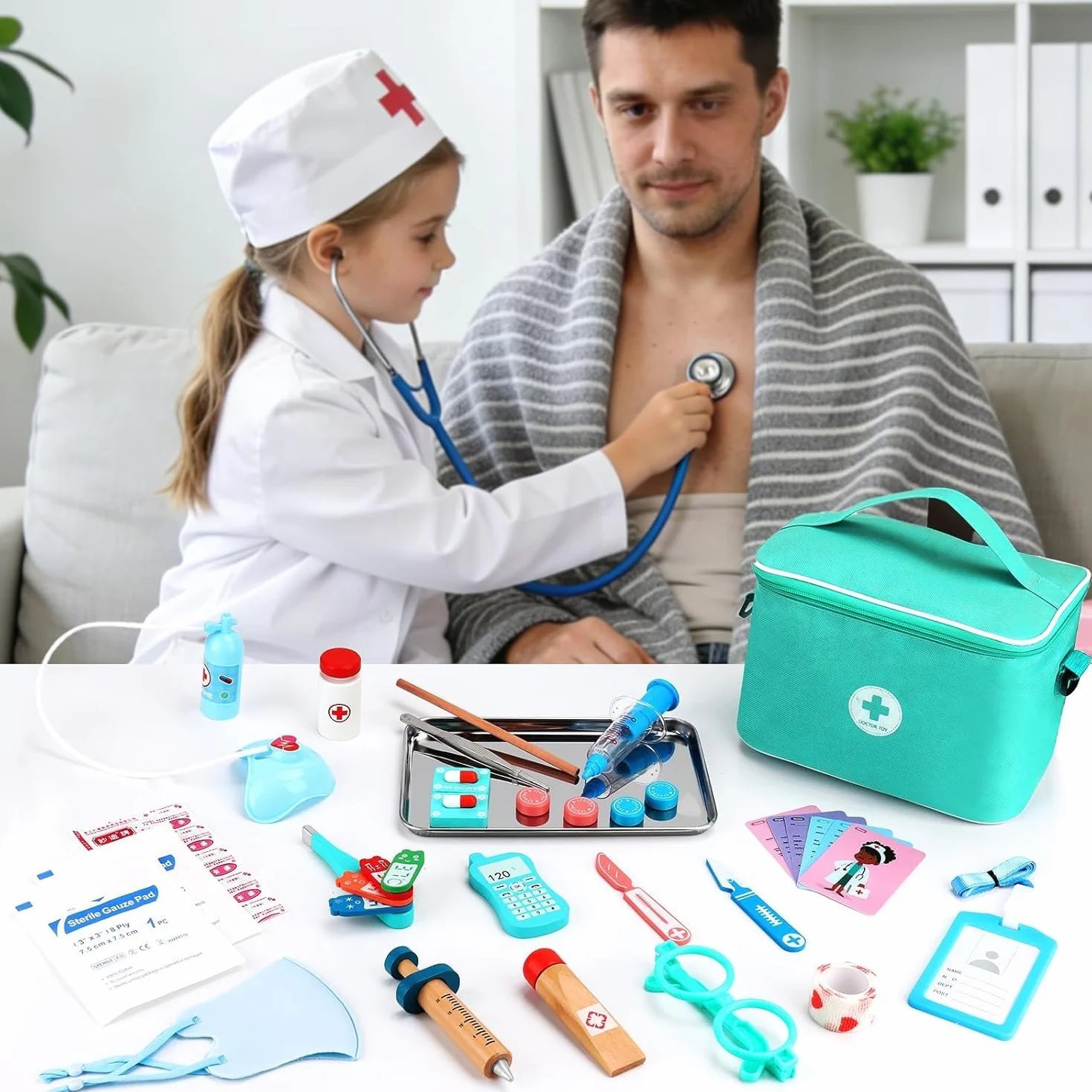 Drewniany zestaw lekarski dla dzieci, walizka doktora z prawdziwym stetoskopem, kapsułkami, termometrem, strzykawką, torbą lekarską i fartuszkiem, zabawka do odgrywania ról dla dziewczynek i chłopców