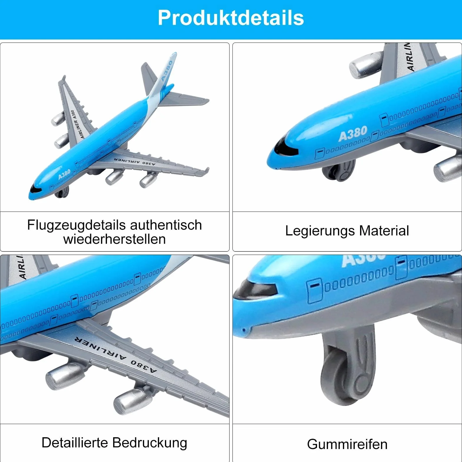 VOSSOT Airbus A380 samolot zabawka – Mini metalowy model samolotu z funkcją cofania, modele samolotów, idealne jako zabawka lotnicza i prezent (14 cm długości)