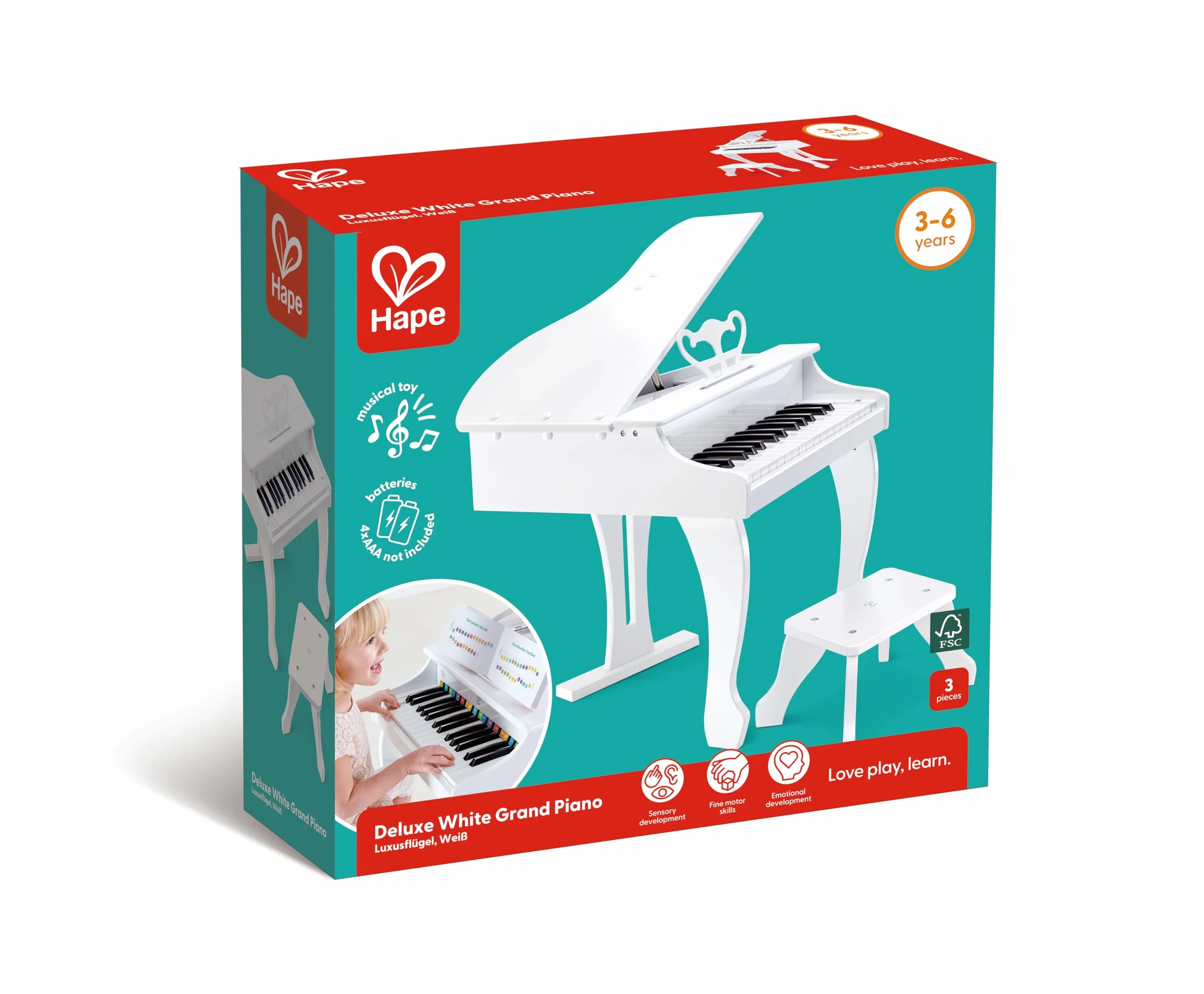 Hape Deluxe White Grand Piano, Thirty-Key Piano Toy with Stool, Electronic Keyboard Musical Toy Set for Kids 3 Years+