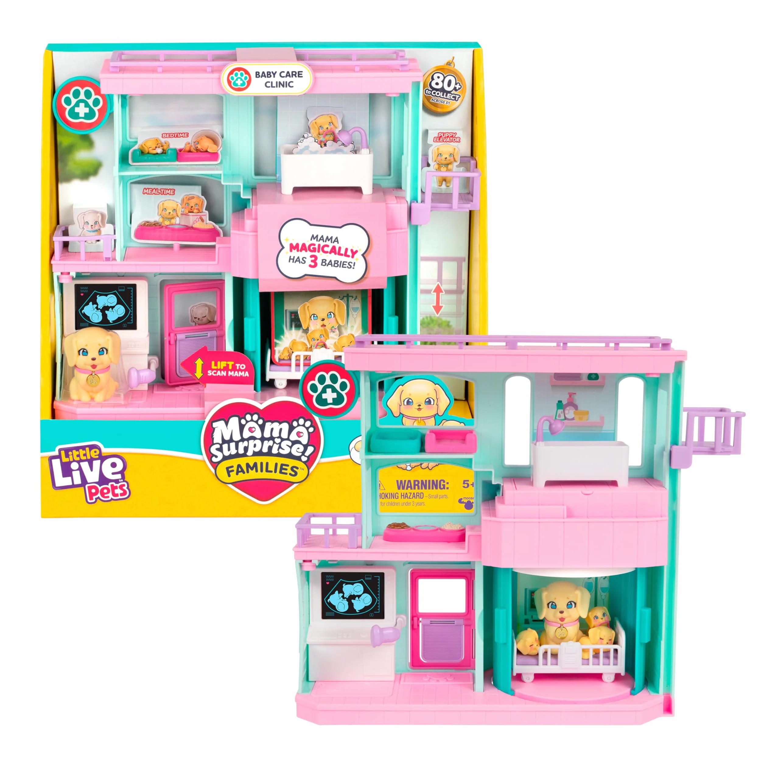 Little Live Pets Mama Surprise Families zestaw do zabawy dla niemowląt, 3 szczenięta retrievera, magiczny, dwustronny zestaw do zabawy (szerokość 27,8 cm, wysokość 23,8 cm) do karmienia, kąpieli i