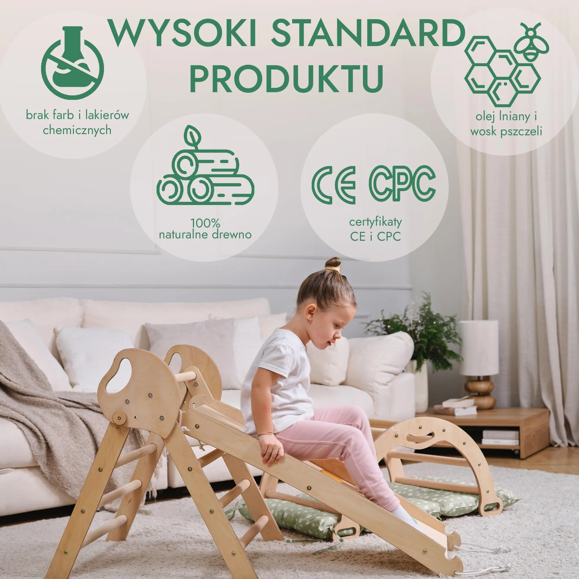 Goodevas Montessori Drewniana rama wspinaczkowa ze zjeżdżalnią – składana trójkątna siłownia do zabawy dla małych dzieci, bezpieczna zabawka dla dzieci w wieku 1-3 lat