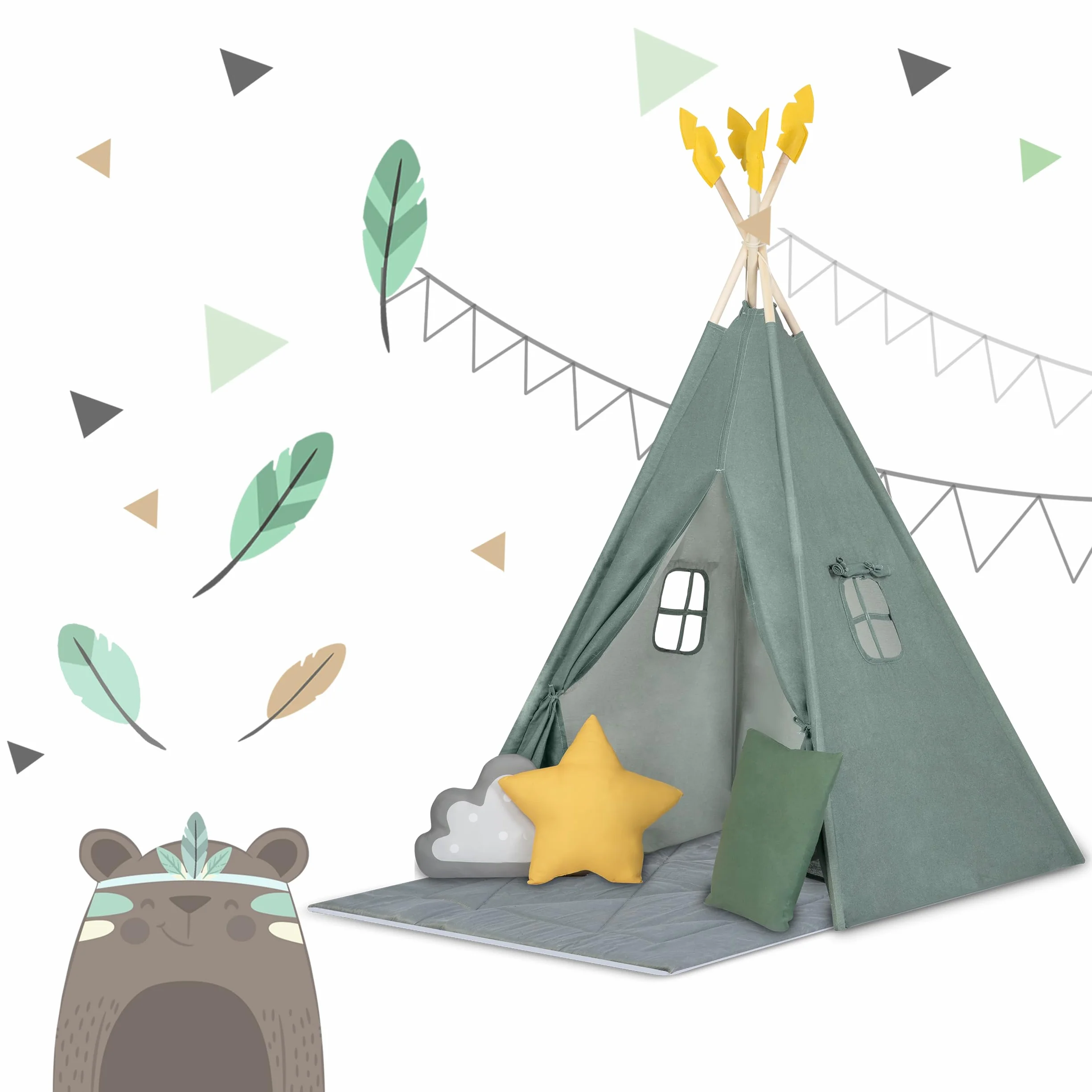 Nukido namiot dla dzieci tipi teepee wigwam z girlandą, poduszkami, dużą matą i stabilizatorem zielony