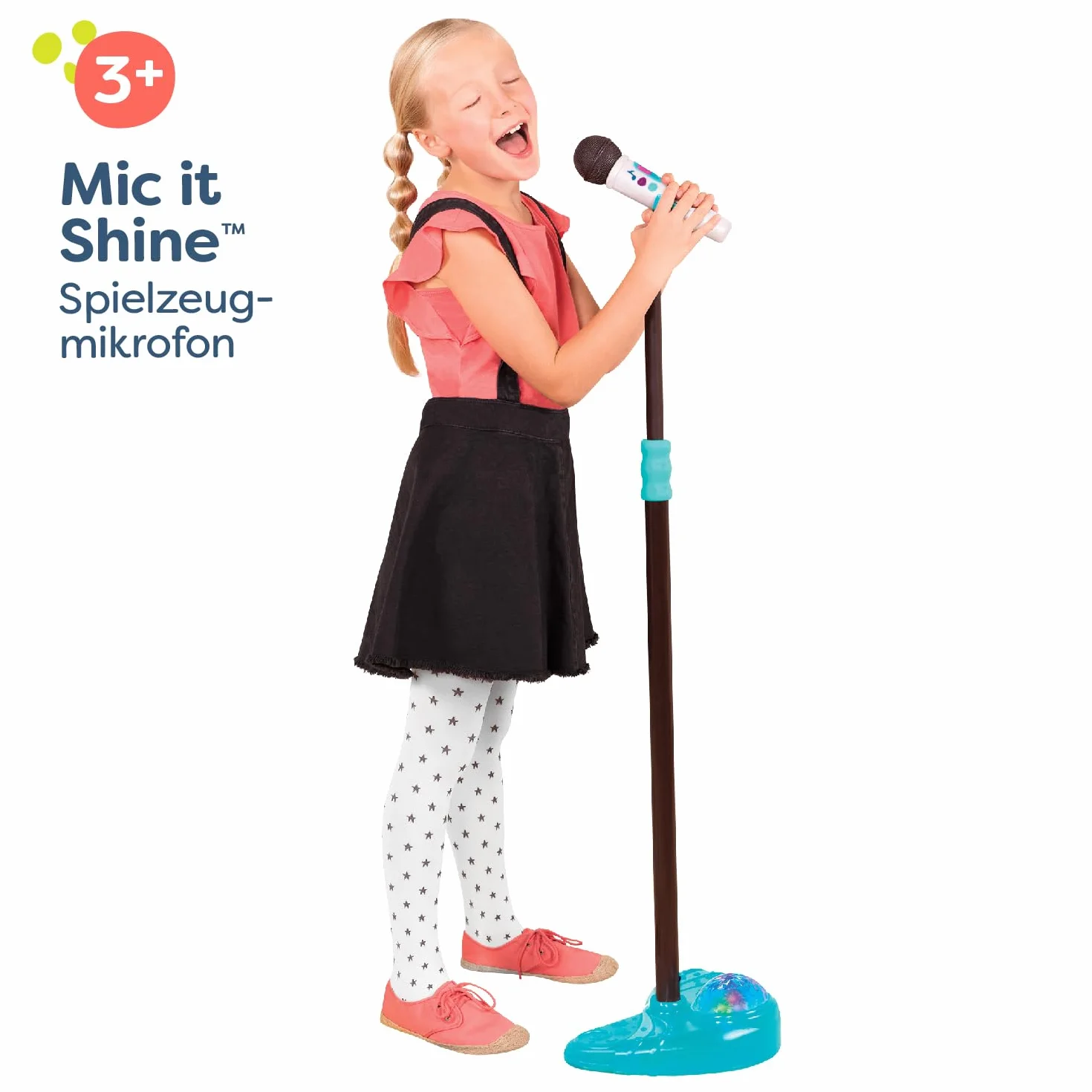 B. toys Mikrofon zabawkowy Mic it Shine z podstawką podświetlaną – wysuwany mikrofon z funkcją Bluetooth i podstawą oświetleniową dla dzieci od 3 lat (biały)
