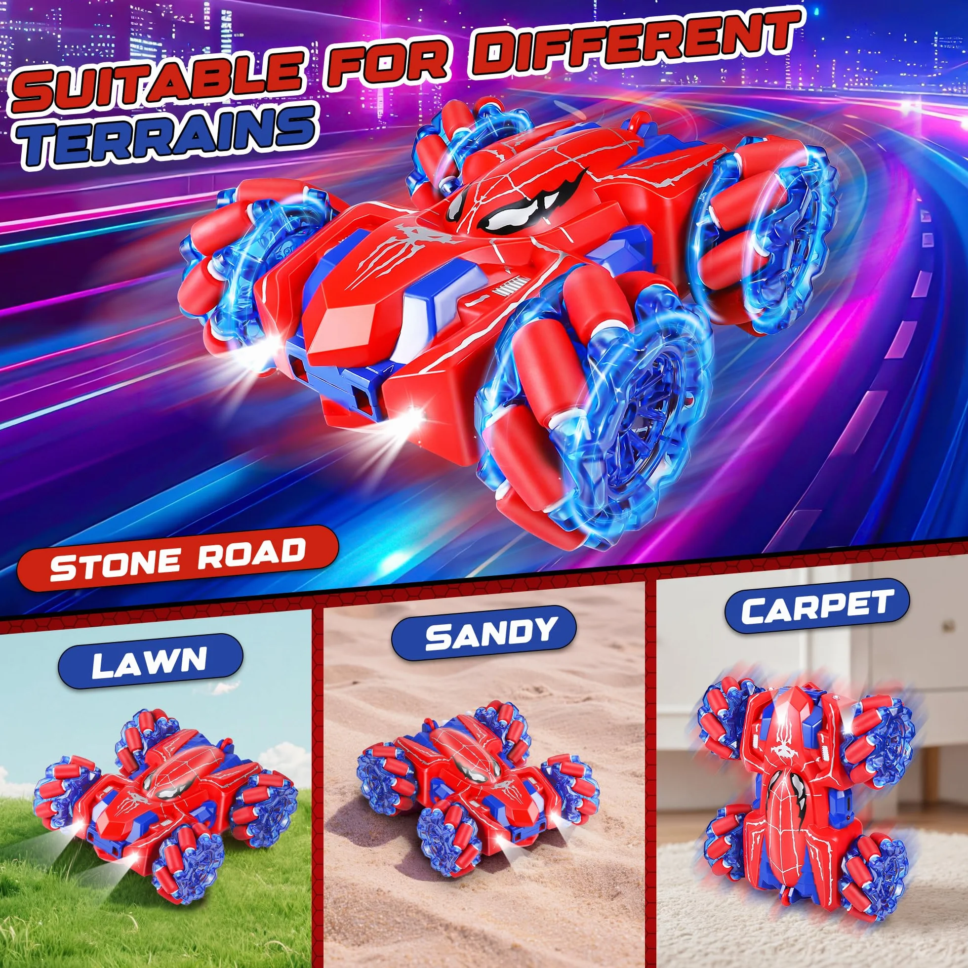 spider Zdalne sterowanie samochodem - 2,4 GHz 360 ° śmiertelne skoki dwustronne monster truck dla chłopców 4 5 6 7 8 lat, 4WD RC samochód akrobacyjny z zimnym światłem (Red RC Car)