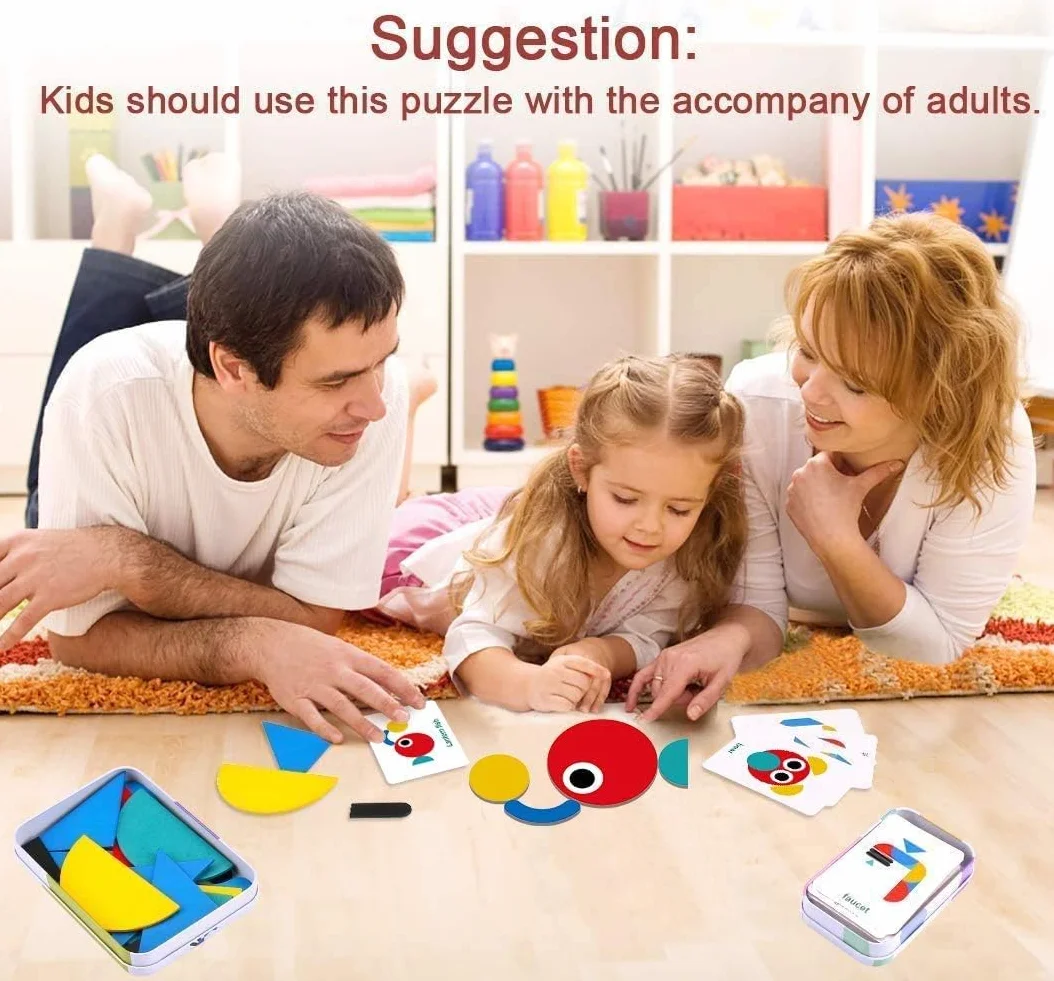 BBLIKE Tangram Wood, 36 drewnianych puzzli Montessori + 60 sztuk układania kart do układania w stosy gry i zabawki edukacyjne klasyfikacja dla dzieci